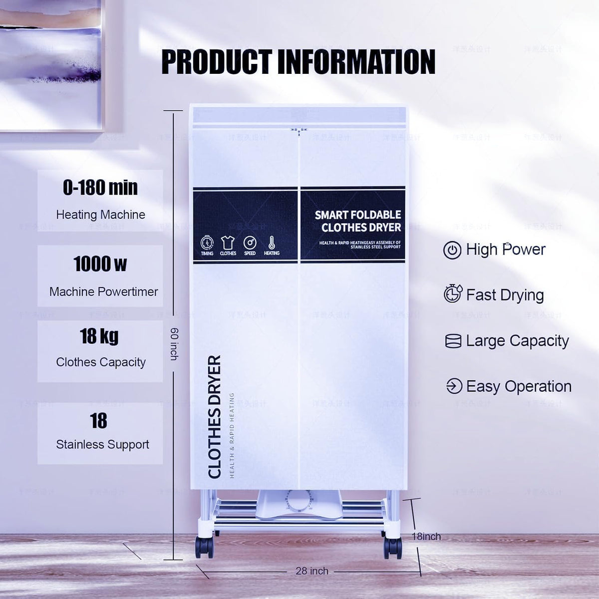 Clothes Dryer, Portable Drying Machine with Timer, 60inch Laundry Drying Wardrobe with Large Capacity, Electric Dryer/Rack for Home | Appartments (Blue IV5)
