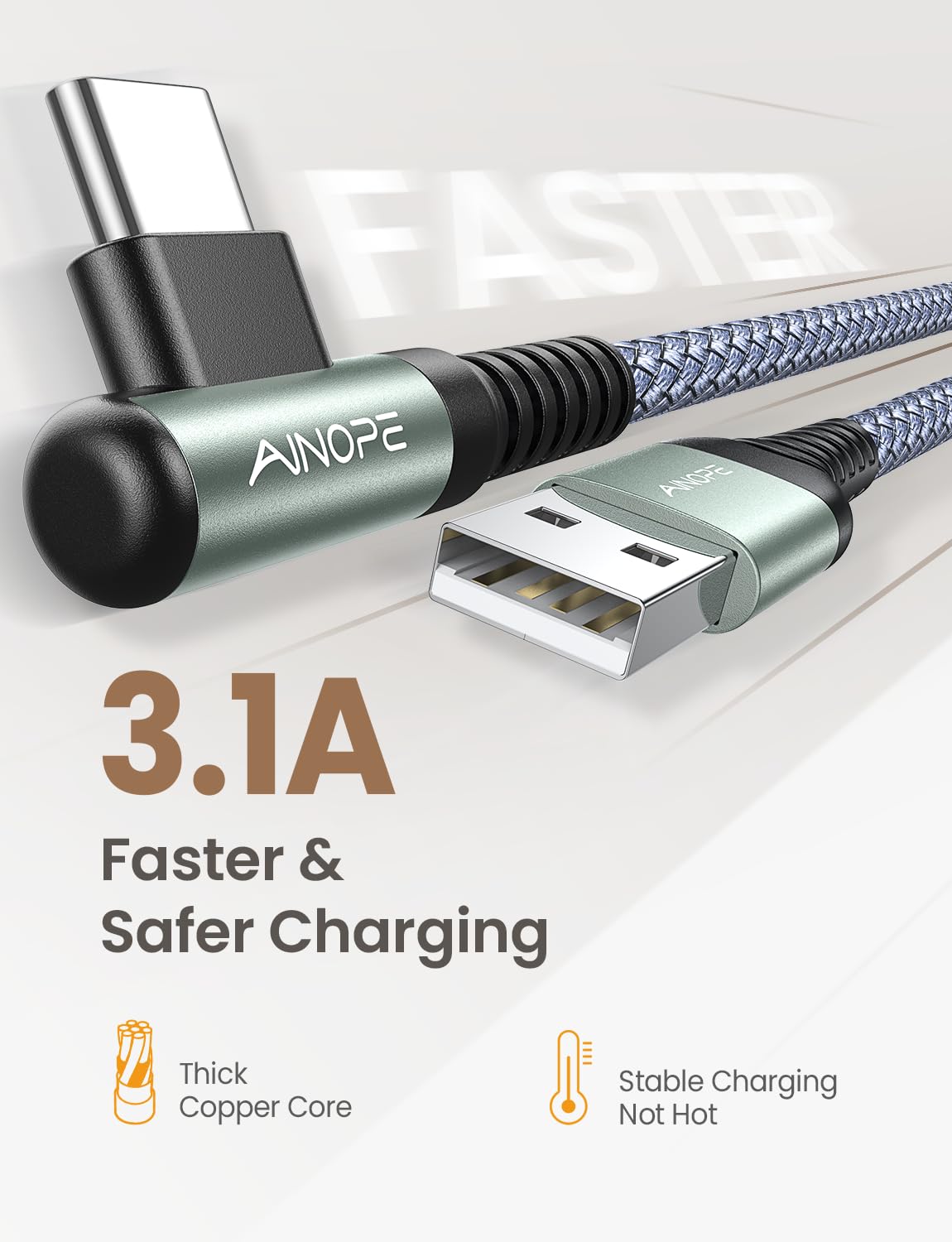 AINOPE USB C Charger Cable,(2Pack 2M) 3.1A Right Angle USB to USB C Cable