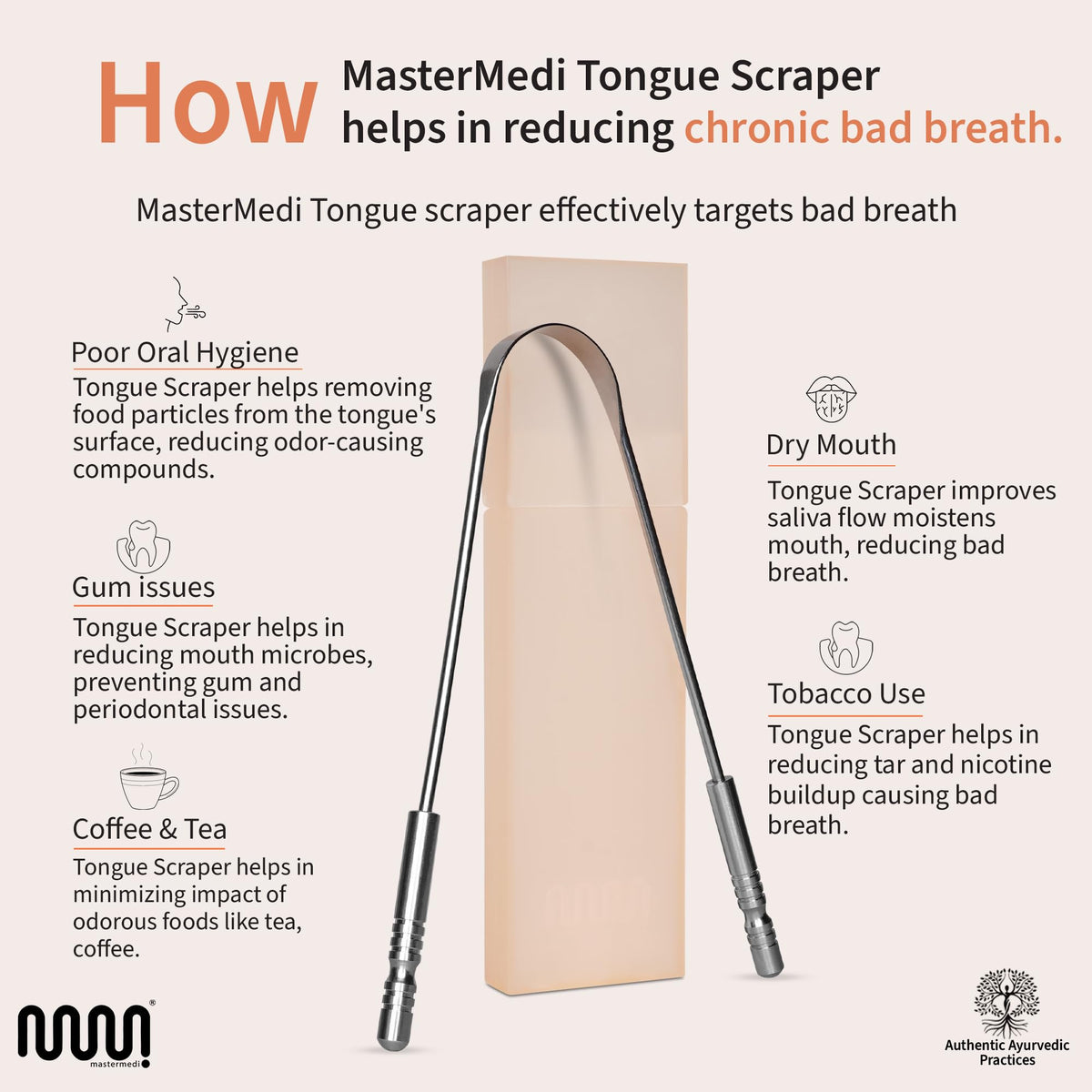 MasterMedi Tongue Scraper with Travel Case 1 Pack, Bad Breath Treatment Tongue Scraper for Adults & Kids, Stainless Steel Metal Tongue Scraper, Easy to Use Tongue Cleaner for Hygiene and Self Care