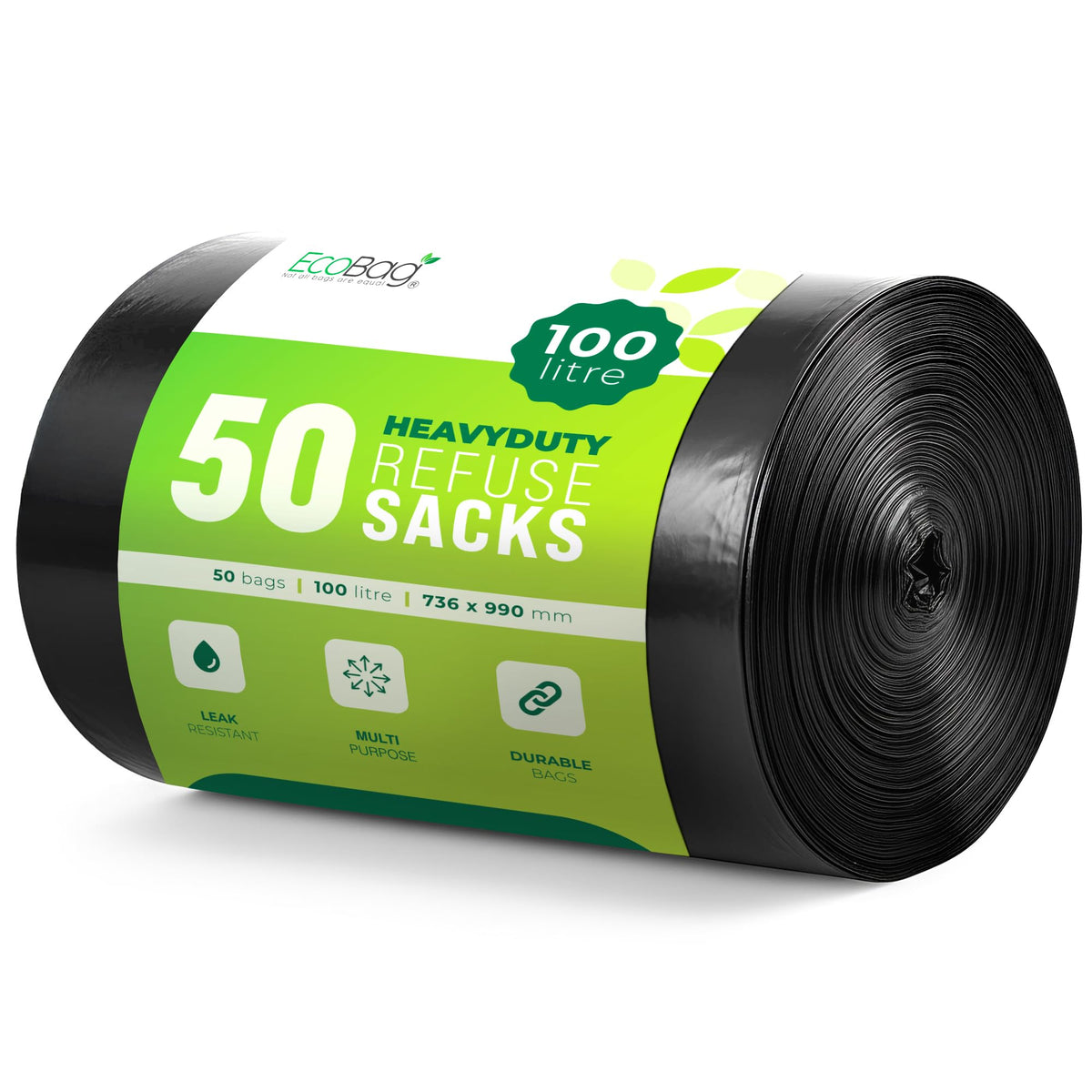 EcoBag Refuse Sacks, Recyclable & Leak Resistant, 100L Everyday (30µm)