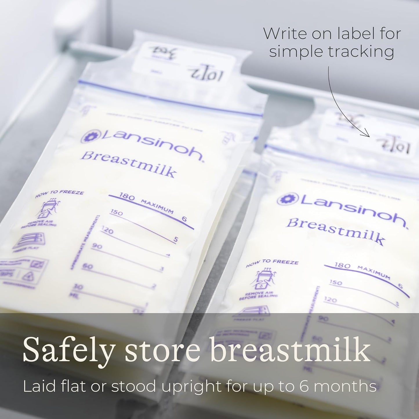 Lansinoh Breast Milk Storage Bags - Pre-Sterilised, Leakproof & BPA/BPS-Free - Fridge & Freezer Breastmilk Pouches - Pump into bag with Lansinoh Breast Pumps - Breastfeeding Essentials - 50 Pack