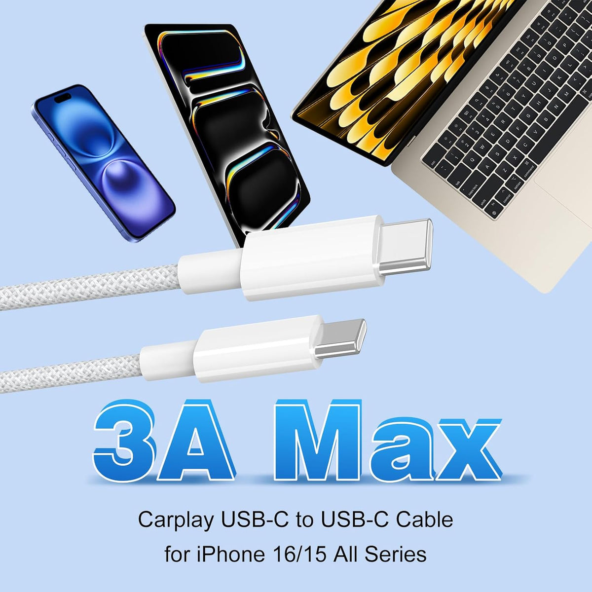 iPhone 18 17 16 15 Charger Cable 3M [2 Pack], USB C to USB C Cable 60W Nylon Braided Extra Long USB Type C Fast Charging Cable for iPhone 18 Pro Max, 17 Pro, iPad Pro Air, MacBook, Samsung S26 S25