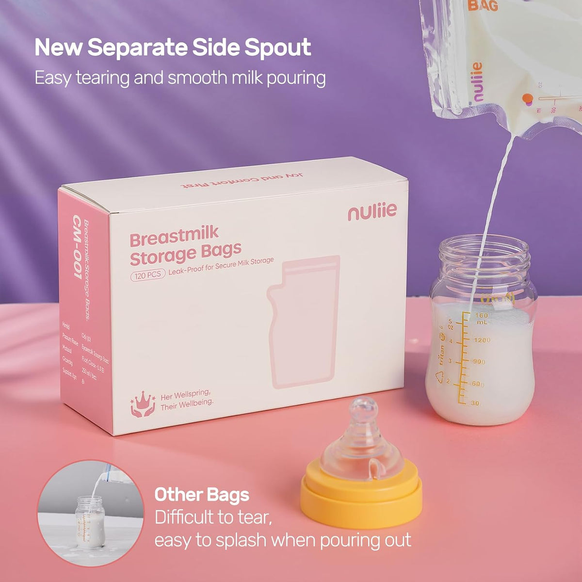 Nuliie 120 Pcs Breast Milk Storage Bags, 250ml BPA Free Milk Storage Bags with Pour Spout for Breastfeeding, Self-Standing or Flat Pre-sterilised Bag, Space Saving for Fridge or Freezer Use