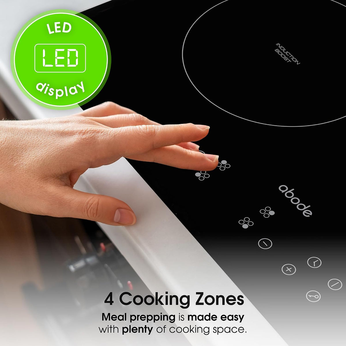 Abode Electric Hob 59cm Ceramic Cooktop with 4 Cooking Zones, 9 Power Levels, Touch Control & Easy Clean, Safety Cut Off, Timer & LED Display, Child Lock & Keep Warm Features A60EH301B
