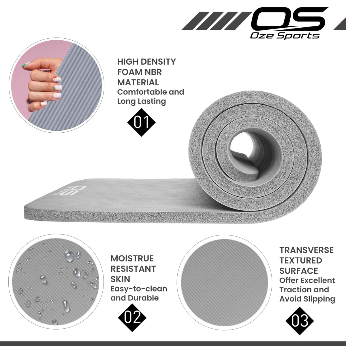 OZE SPORTS Yoga Mat, NBR Foam, Extra Thick, Non-Slip, High Density, Large, for Pilates, Gymnastics, HiiT and Fitness, with Free Carry Strap