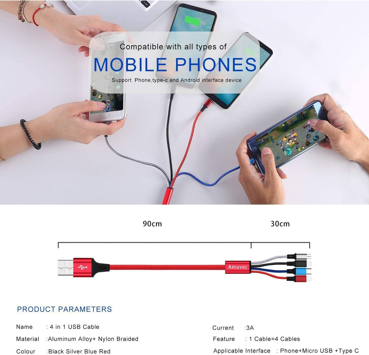 Amuvec Multi Charger Cable, 4 in 1 Fast Phone Charger Cables 1.2M Red