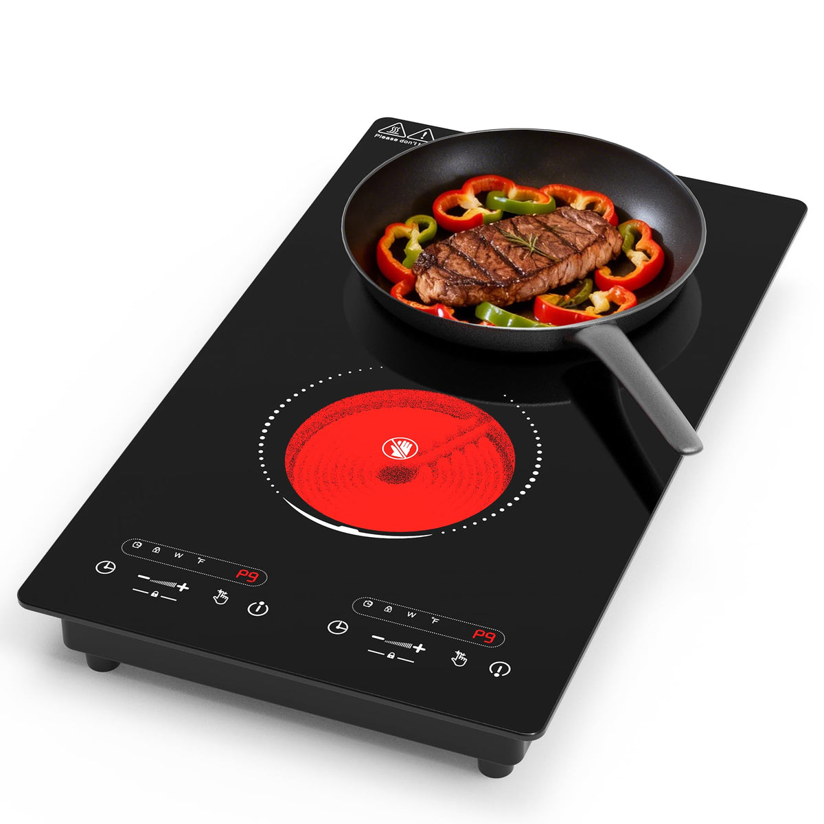 VBGK 2 Ring Electric Hob with Knob, 220V 3000W Double Ceramic Hob, 9 Power Levels, Kids Lock & Timer, Hot Surface Indicator, Overheat Protection, Knob and Touch Control Double Electric Hob