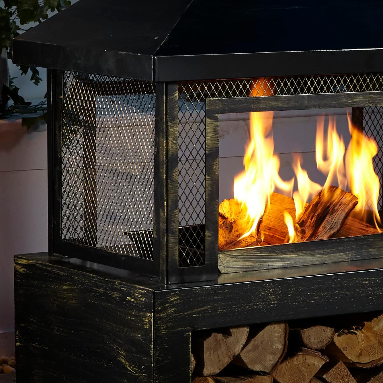 Neo Black Steel Outdoor Garden Log Burner Burning Fire Pit Chiminea Heater Stove Mesh Surround Storage