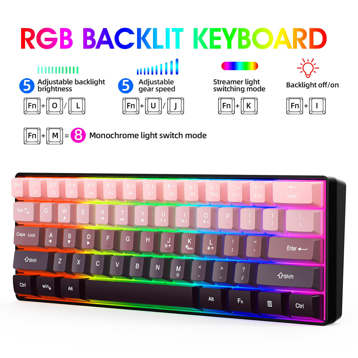 Snpurdiri Wired Mechanical Gaming Keyboard, 60% Size, LED Backlight, 61 Keys, Small Wired Office Keyboard for Windows Laptop/PC, Mac (Black-Red, Blue Switches)