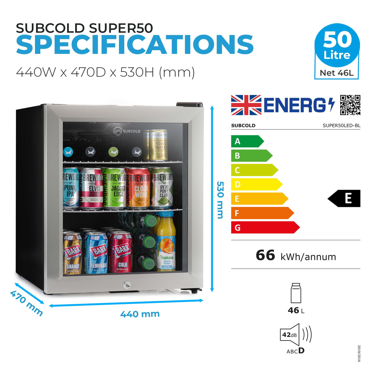 Subcold Super50 LED Beer Fridge | 55 Cans | 3-18°C | Glass Door