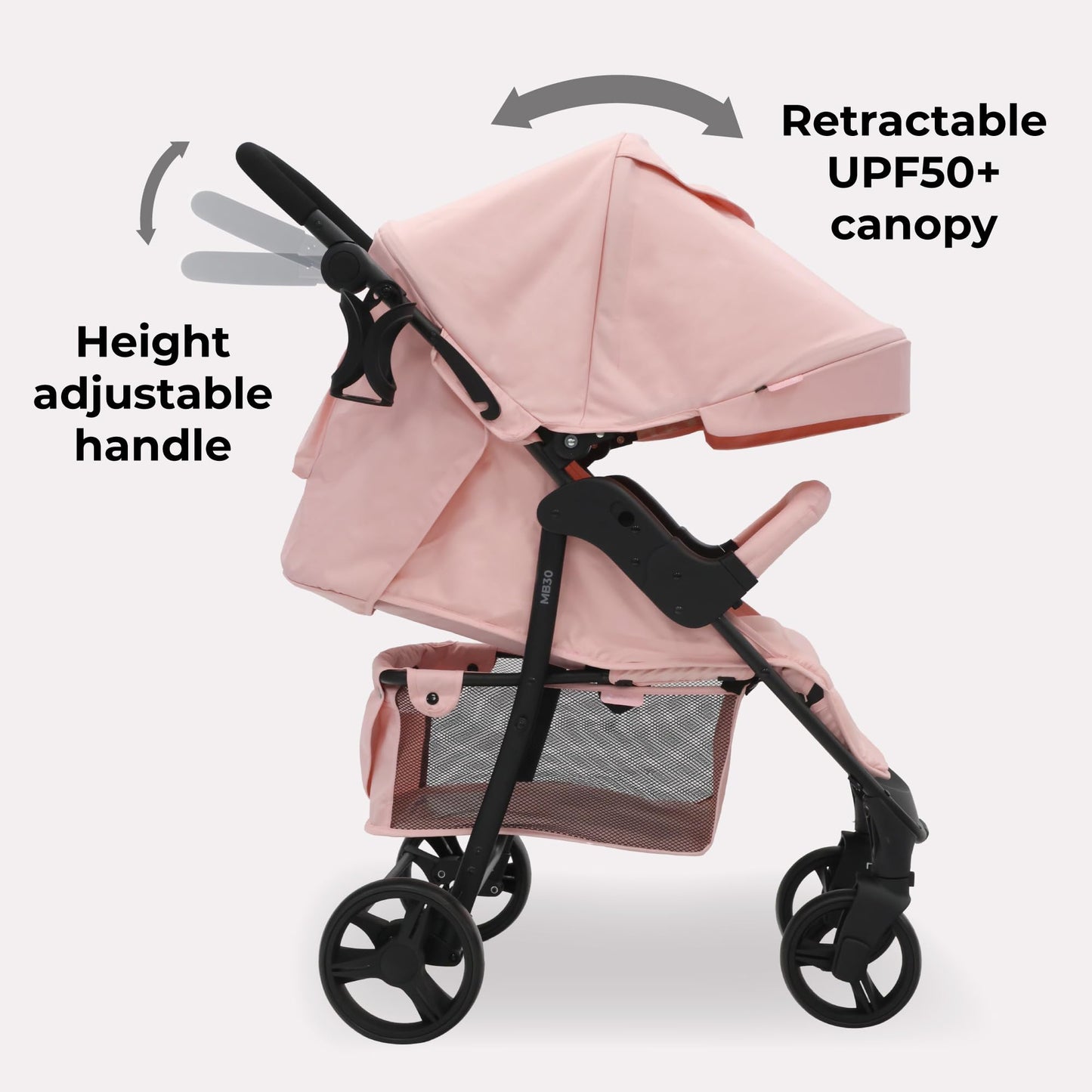 My Babiie MB30 Pushchair – from Birth to 4 Years (22kg), Easy Compact Fold, Large Shopping Basket, Adjustable Handle, Stroller Includes Cup Holder, Rain Cover – Black & Grey
