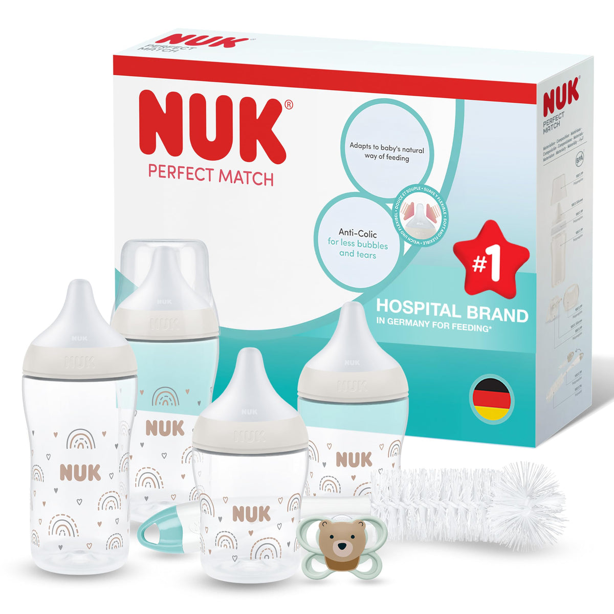 NUK Perfect Match Newborn Baby Bottle Set | 0+ Months | 150ml | Anti Colic Feeding Bottle | PP | Temperature Control Indicator | Rainbow | 4 Count