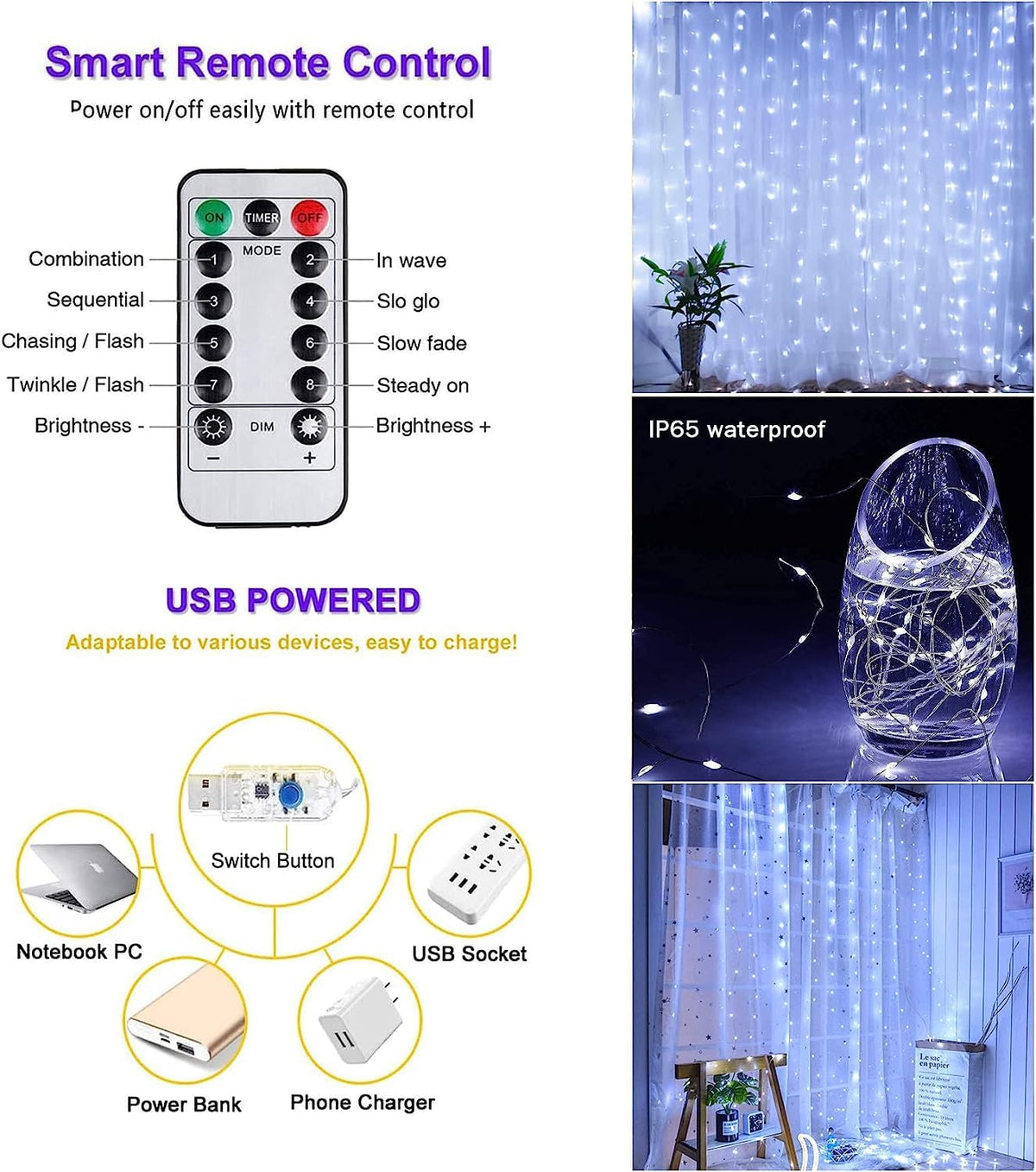 Lezonic Curtain Fairy Lights, 3m×3m 300LED Curtain String Lights Plug in
