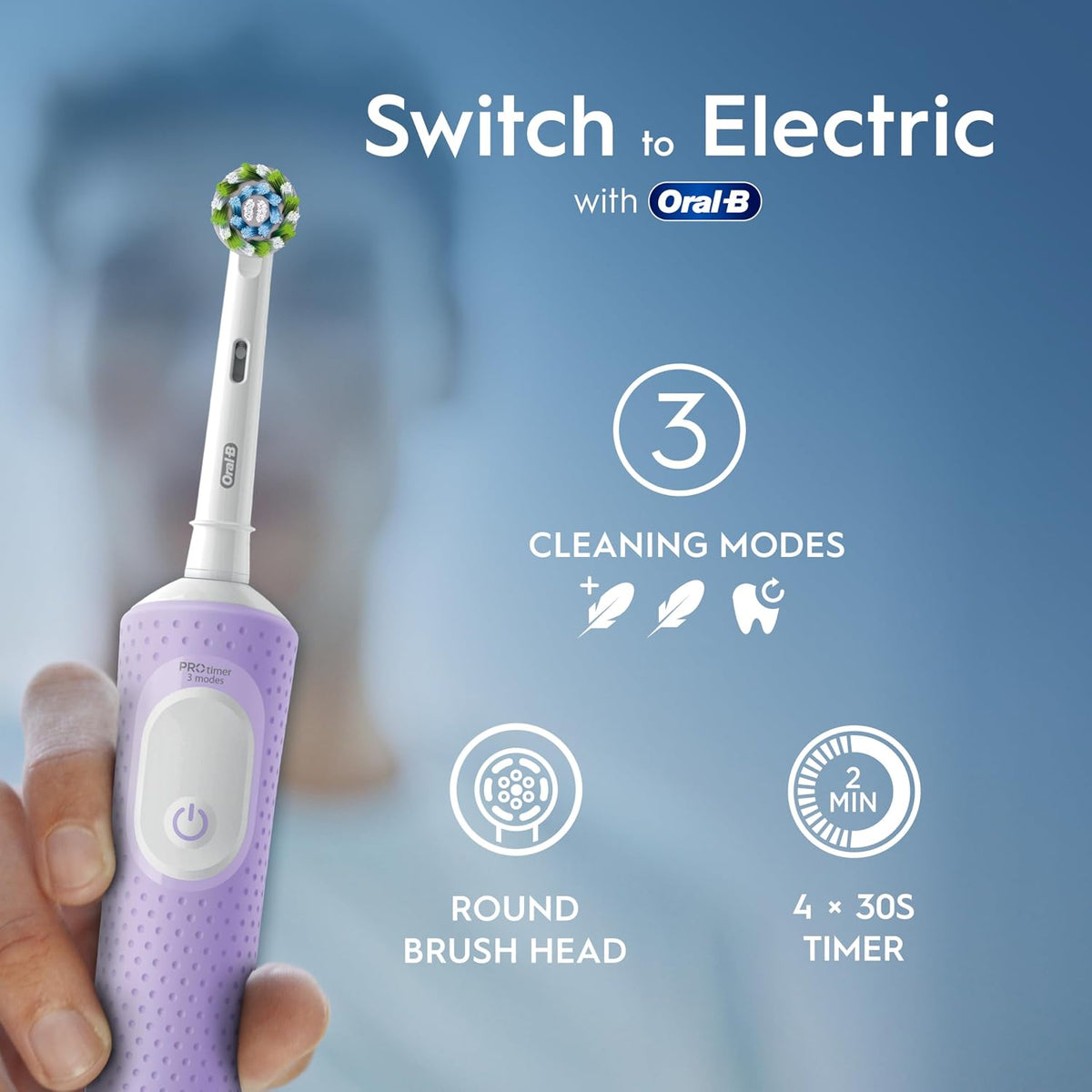 Oral-B Vitality Pro Electric Toothbrushes Adults, 1 Handle, 2 Oral B Electric Toothbrush Heads, 3 Brushing Modes Including Sensitive Plus, Rechargeable, 2 Pin UK Plug, Purple