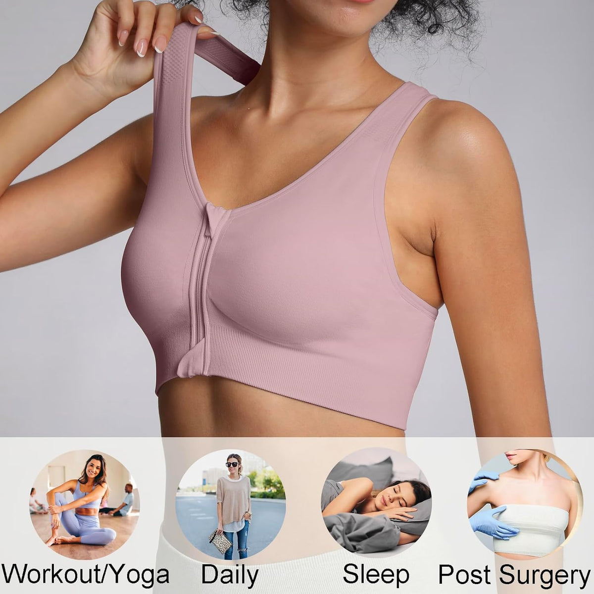 Lemef Front Zipper Sports Bras High Impack Post Op Compression Bras for Women Post Surgery Wireless Racerback Yoga Bra