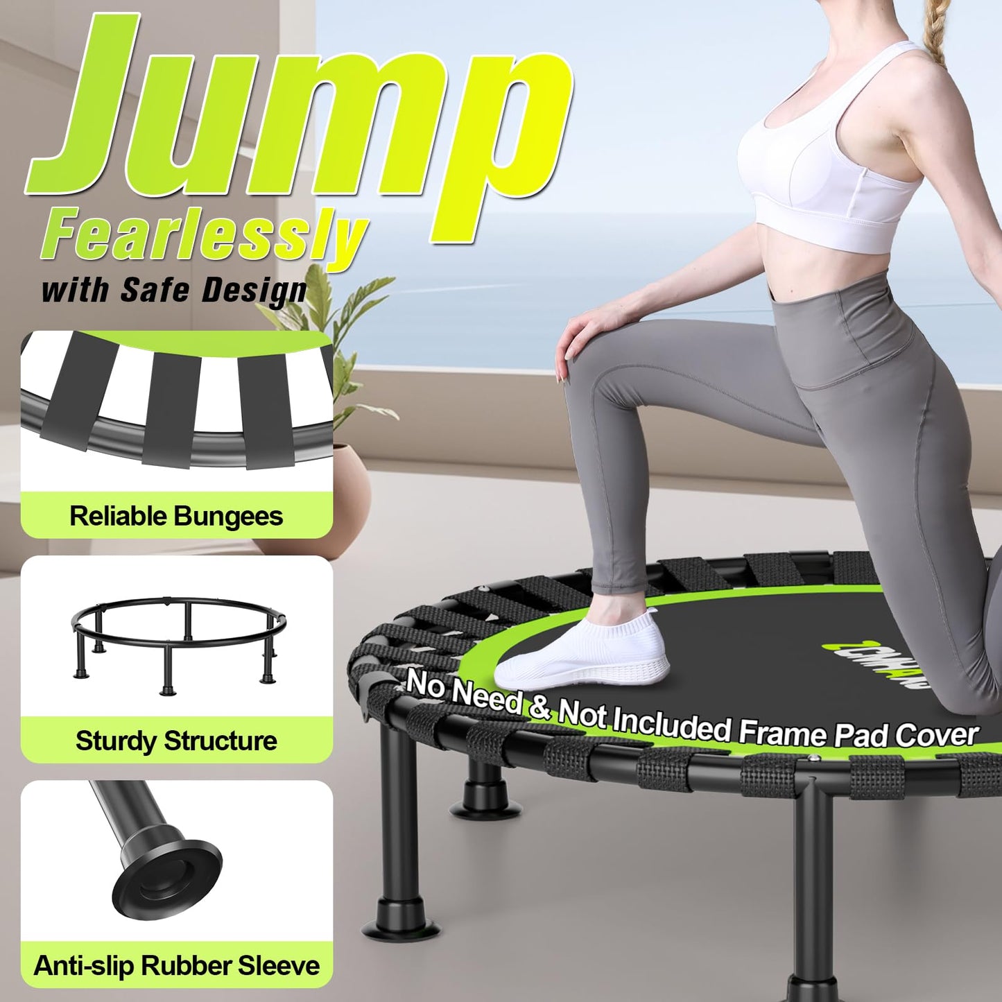 ZCMHAXJ Foldable Mini Trampoline, 40" Rebounder Trampoline for Adults & Kids, 450lbs Capacity with/without U/T-Shaped Adjustable Bar, Indoor Fitness Workout Exercise Equipment