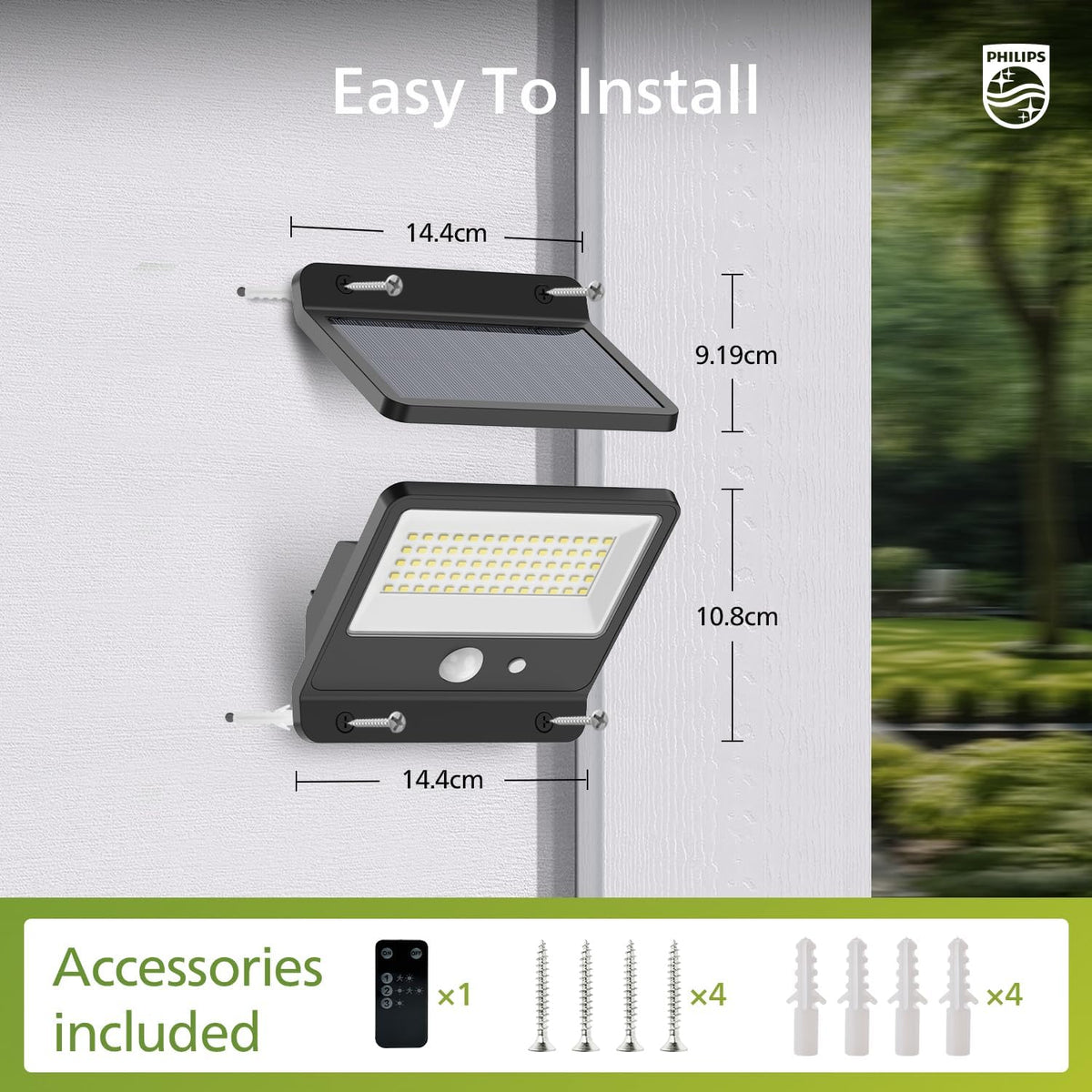 Philips Solar Security Outdoor LED 6500K, Solar-Powered Flood w/PIR Motion Sensor, Remote Control w/16ft Cable, IP65 Waterproof, 3 Modes (2)