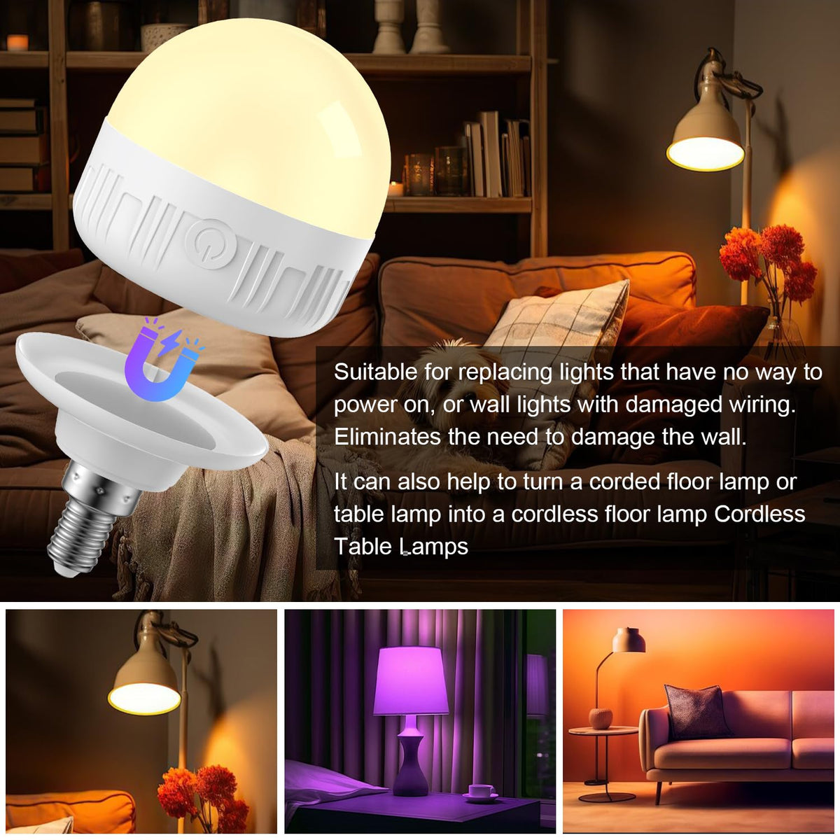 LGMCF E14 Rechargeable Light Bulb, 8W, 3 Colors, Timer, Dimmable, 2 Pack