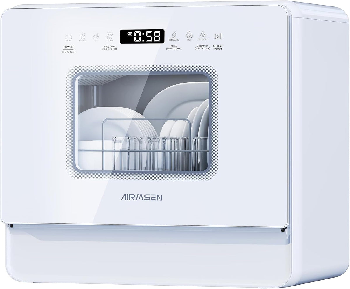 AIRMSEN 2025 NEW Upgraded Table Top Dishwasher with Soft Water Salt Function, Portable Countertop Dishwasher with 9 Programs & 5L Tank, 2-12H Delay Start & 360° Triple Spray Arms, White
