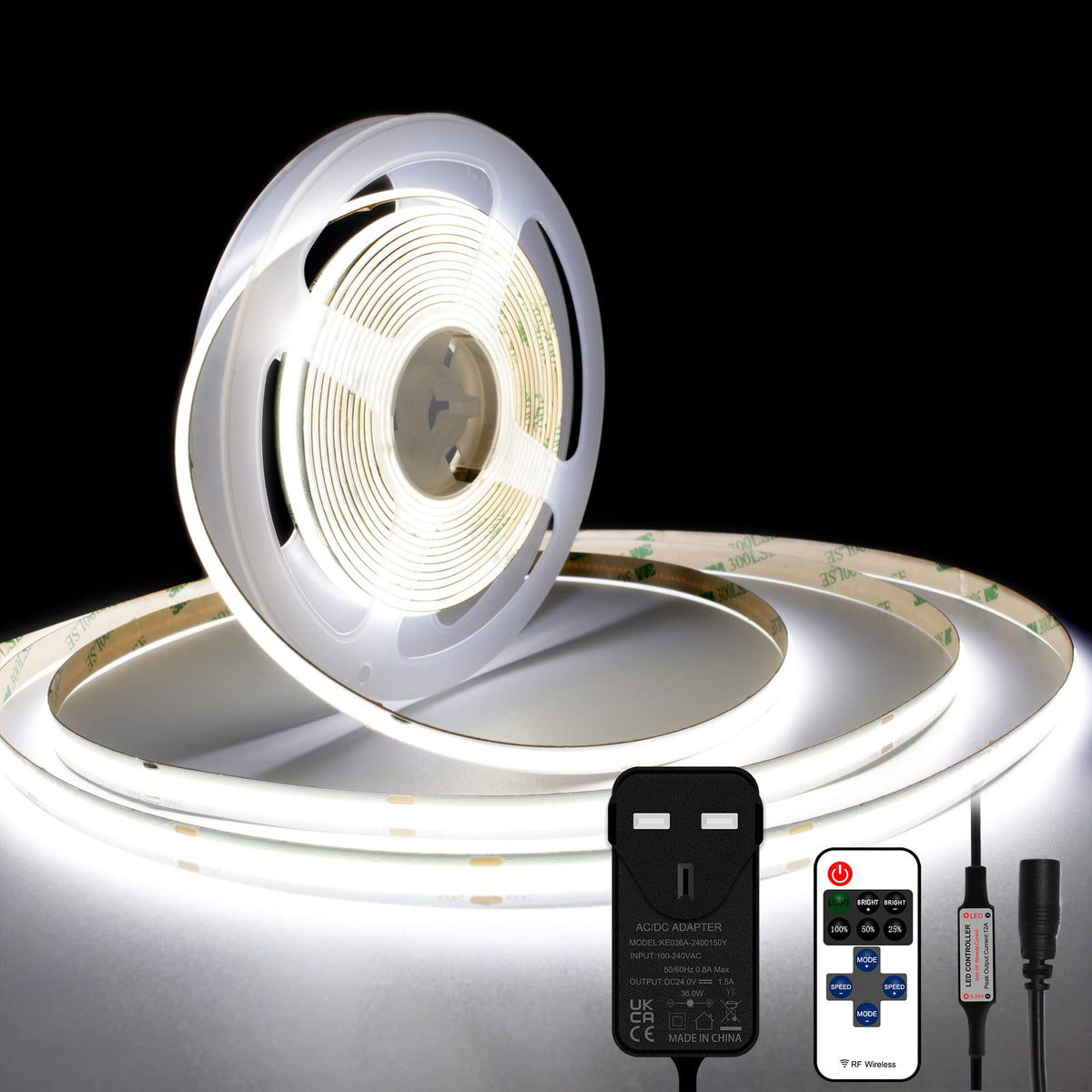 TTWAY COB LED Strip Lights 2700K, Dimmable LED Strip Kit, Super Bright 24V LED Tape Lights CRI90+ with RF Remote and UKCA Power Supply for DIY Home Decoration, 5M, 2400LEDs, Warm White.