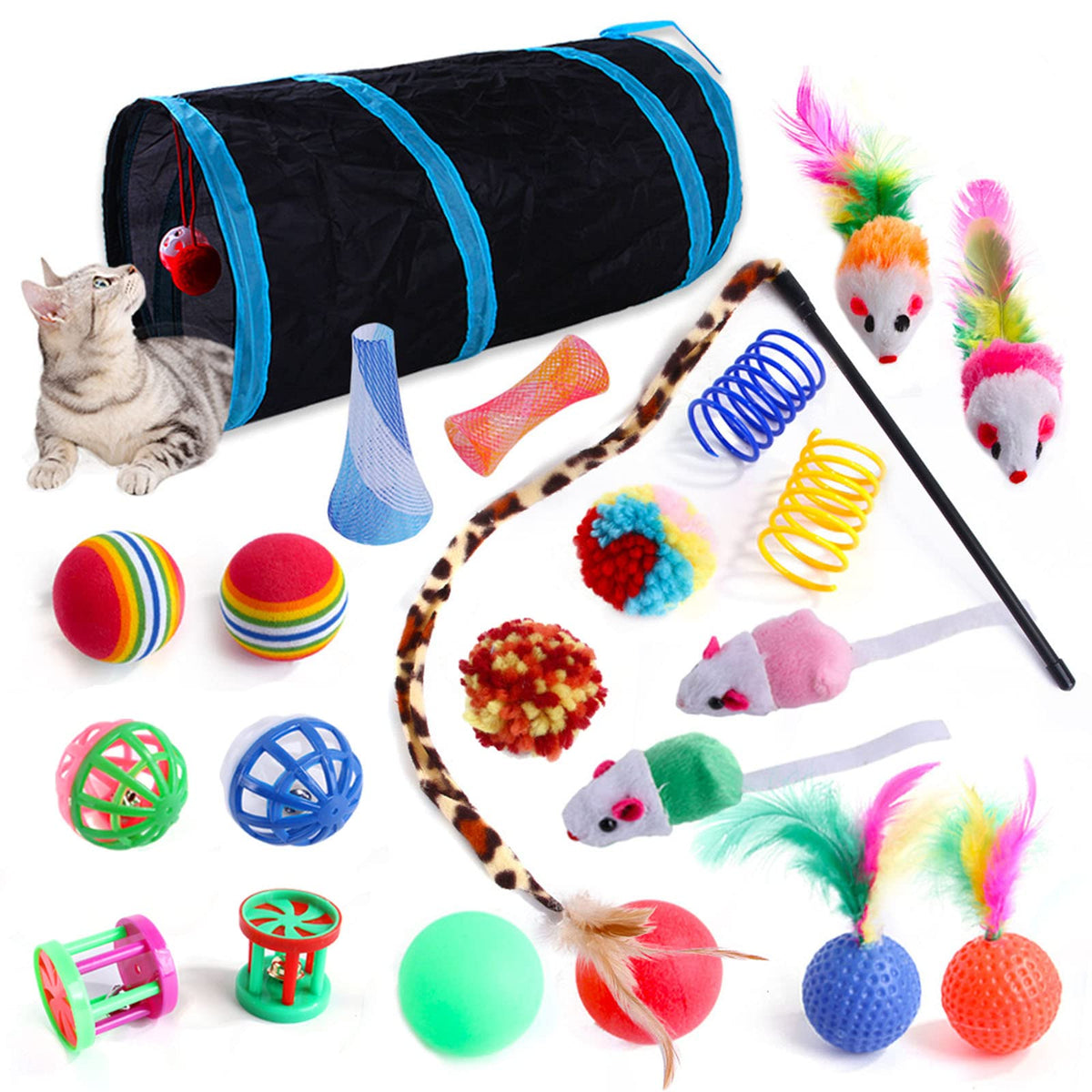 20 Pcs Cat Toys for Indoor Kitten, Collapsible Tunnel, Interactive Feather Wand Ball Spring Mice Toy for Puppy Kitty