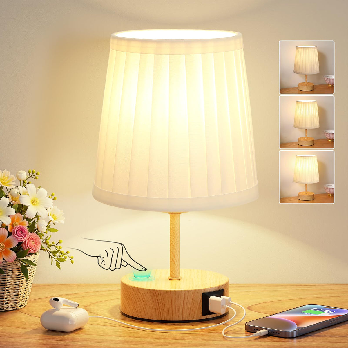 Aooshine Grey Table Lamp, 3-Way Dimmable, USB A + C Charging