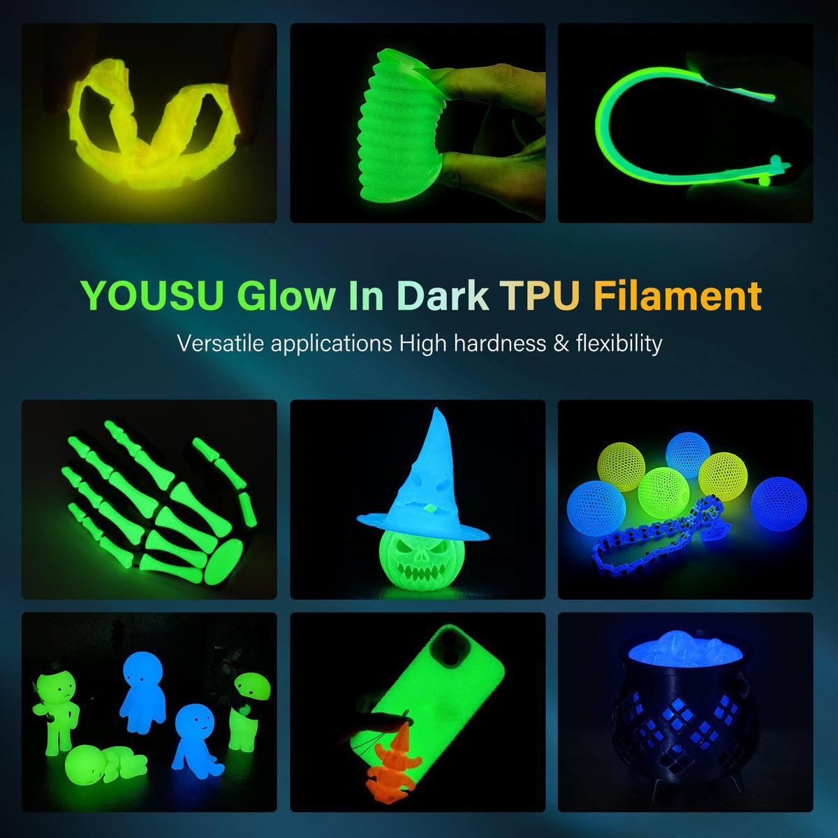 YOUSU 3D Printer Filament Bundle,Glow in The Dark Filament Multicolor,PLA Filament 1.75 mm,Green, Blue,Purple and Rainbow Accuracy +/- 0.03 mm,250g X 4 Pack
