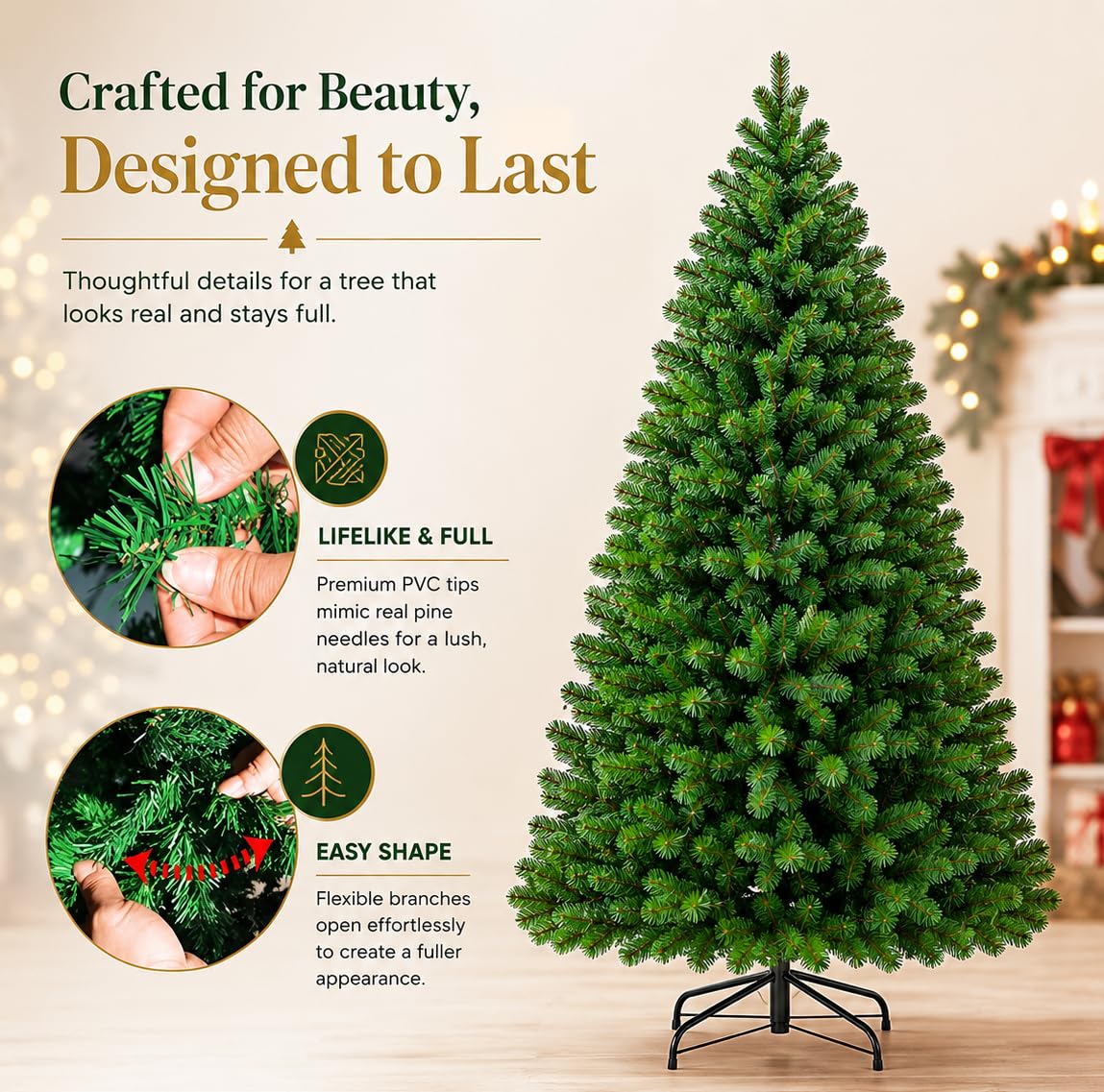6ft (1.83M) Artificial Christmas Tree, Realistic Green with Metal Stand