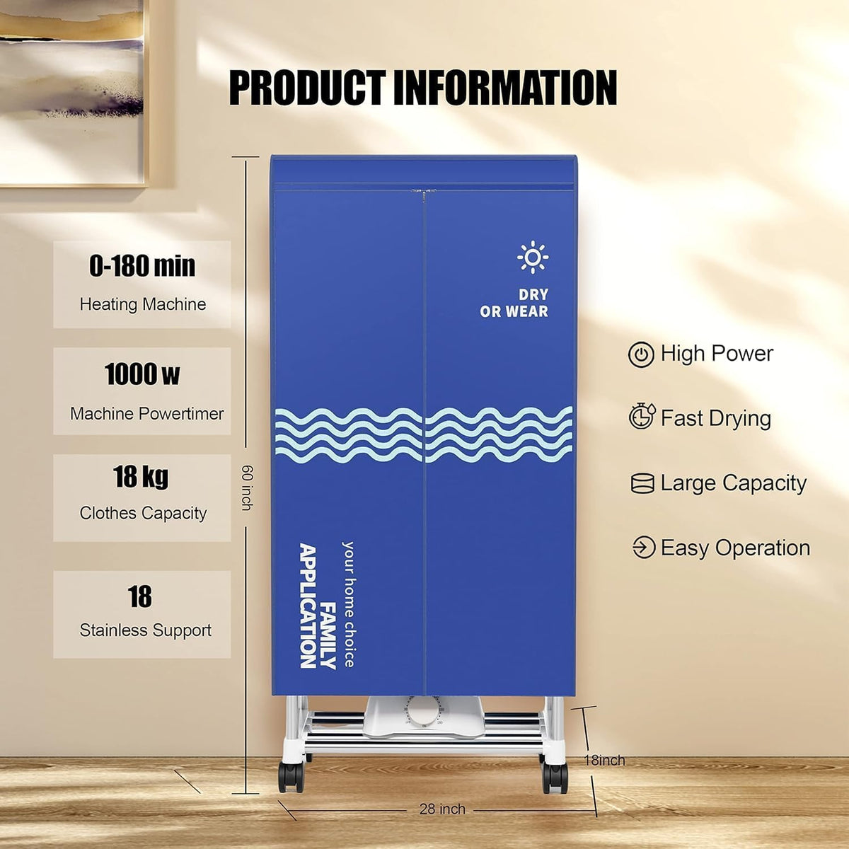 Clothes Dryer, Portable Drying Machine with Timer, 60inch Laundry Drying Wardrobe with Large Capacity, Electric Dryer/Rack for Home | Appartments (Blue IV5)