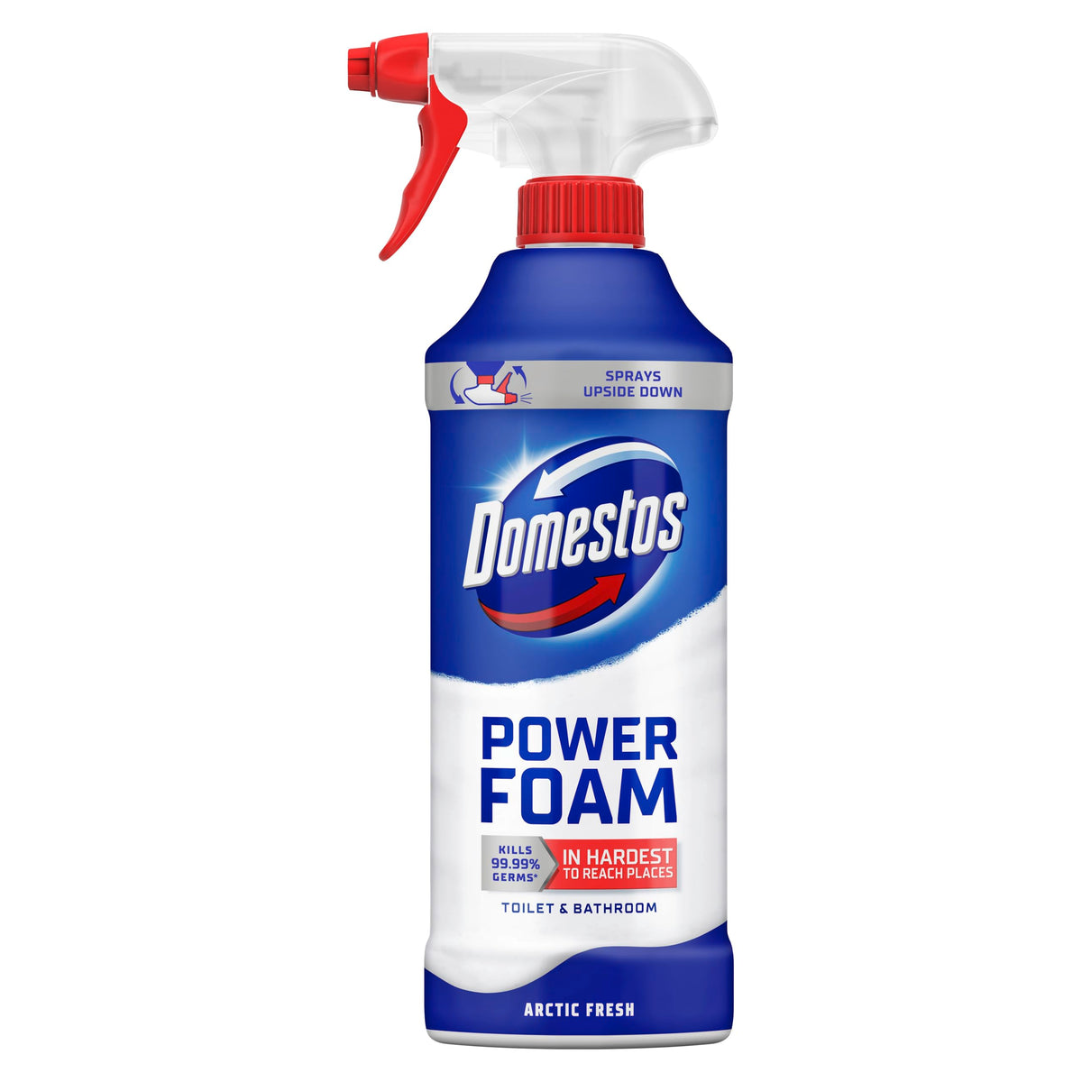 Domestos Power Foam Arctic Fresh Toilet & Bathroom Cleaner Spray sprays upside down & eliminates 99.99% of germs* for cleaning inside the toilet & around the bathroom 450 ml