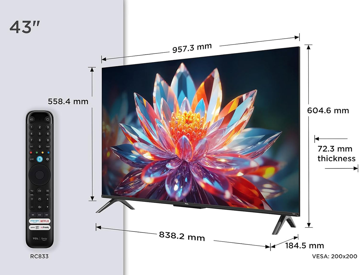 TCL 43T6C-UK 43 Inch QLED 4K HDR TV, Fire TV (Smart TV with Dolby Vision & Atmos, HDR10+, Press & Ask Alexa