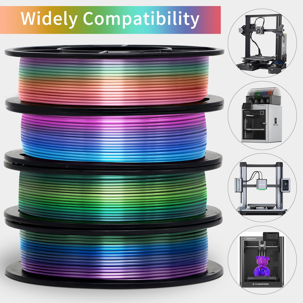 YOUSU 3D Printer Filament Bundle,Glow in The Dark Filament Multicolor,PLA Filament 1.75 mm,Green, Blue,Purple and Rainbow Accuracy +/- 0.03 mm,250g X 4 Pack