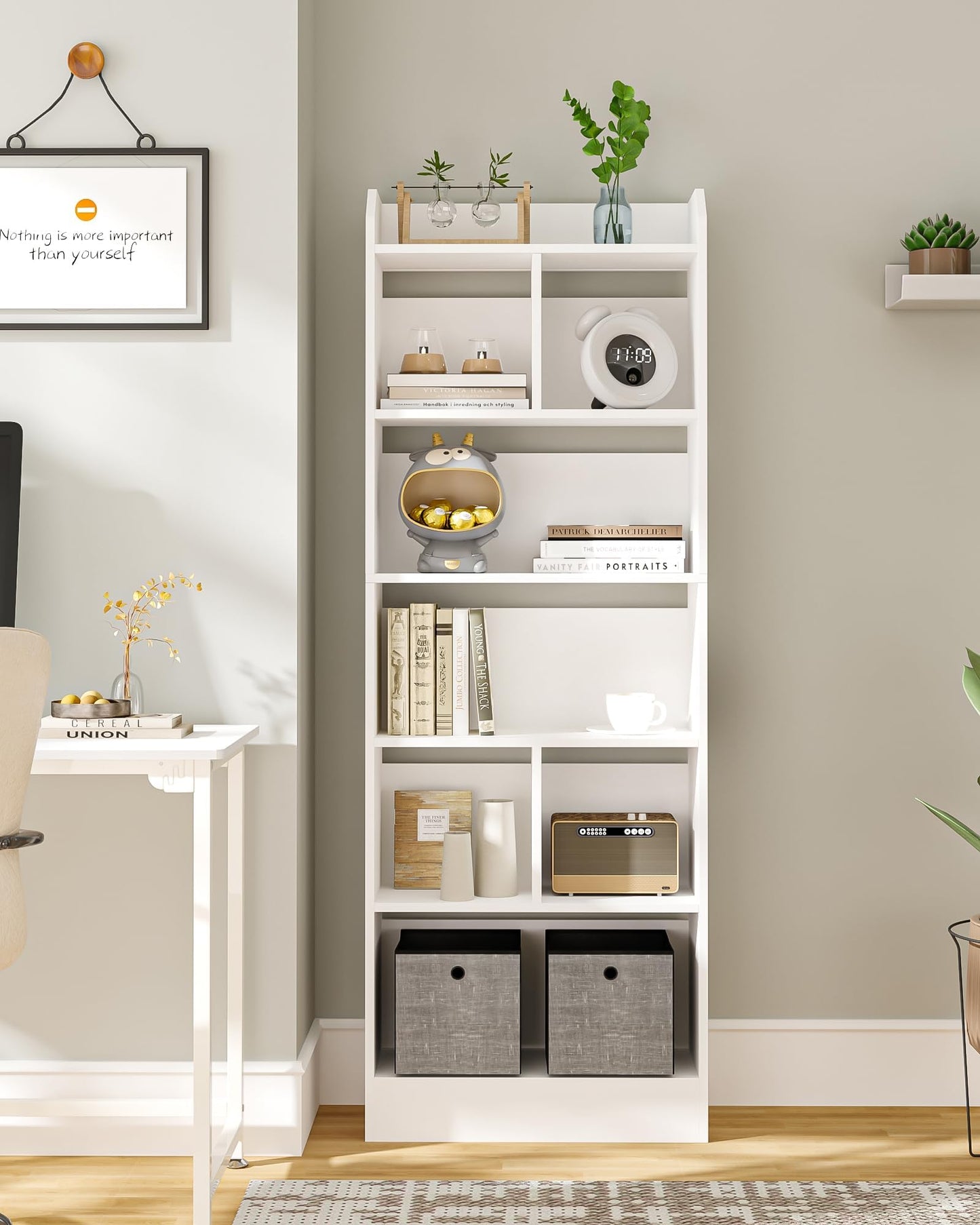 Hzuaneri 6-Tier Bookcase, Bookshelf with 8 Adjustable Storage Shelf Unit, White Bookcase for Living Room, Home Office, Bedroom, Study, 24 x 60 x 199 cm, White, BC11703X