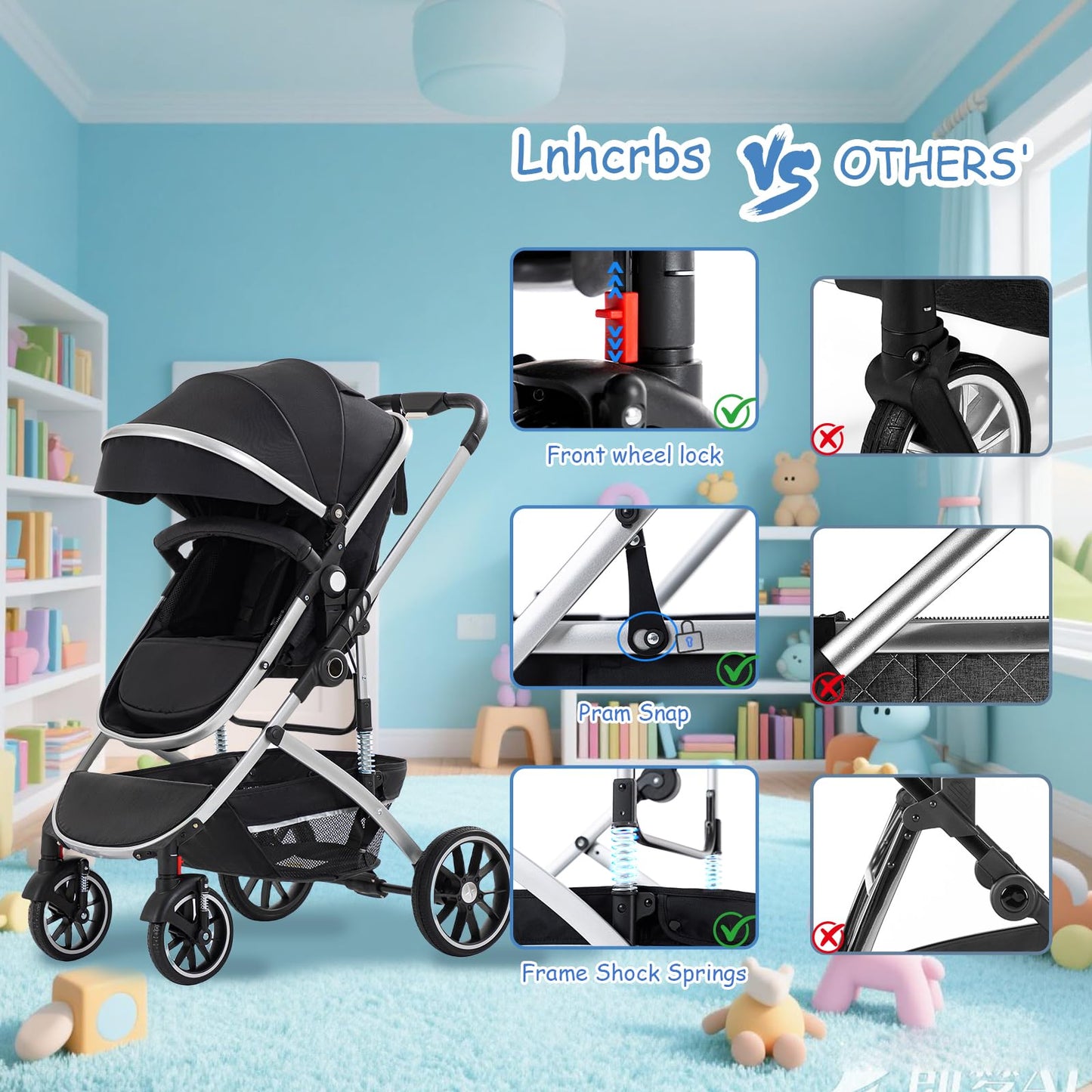 Baby Stroller 3 in 1,Travel Pushchair's Lie-Flat Pram is Foldable, Stroller System Handle is Adjustable, The Wheels are Made of PU Material, Suitable for 0-3 Years-Khaki