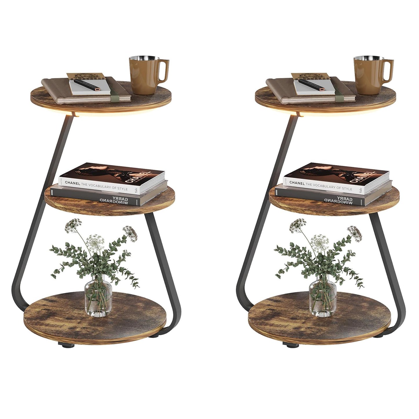 ARTETHYS Side Table, Small Round Coffee Table with 3 Color LED Lights, End Table with 3 Tier Storage Shelves, Bedside Sofa Side Tables for Living Room Bedroom, Rustic Brown