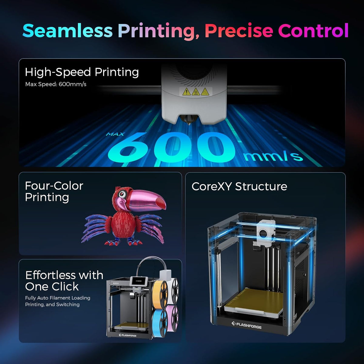 Flashforge Adventurer 5X 3D Printer with Multi-Color Printing,Customize with IFS,AD5X Multi-Material/Full-auto leveling 3D Printer,Max Speed: 600mm/s,Auto 4kg Filament Refill,Compact Integrated Design
