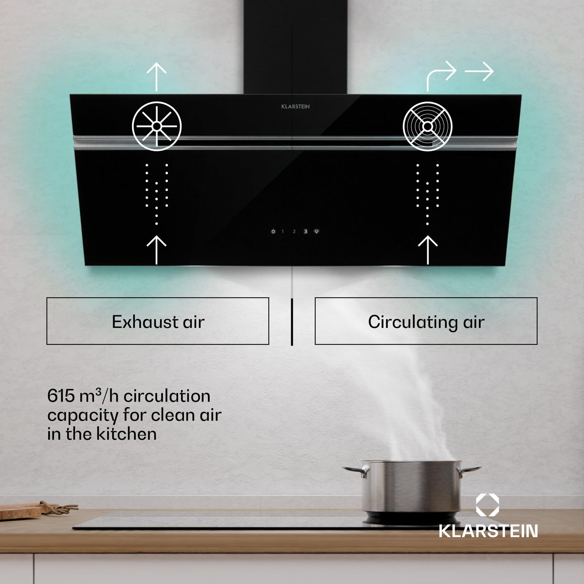Klarstein Alina 90 Angled Cooker Hood - 615m³/h Air Flow, Touch Panel, LED Backlighting, Quiet 63dB, Energy Class A, 90cm Extractor Hood, Black