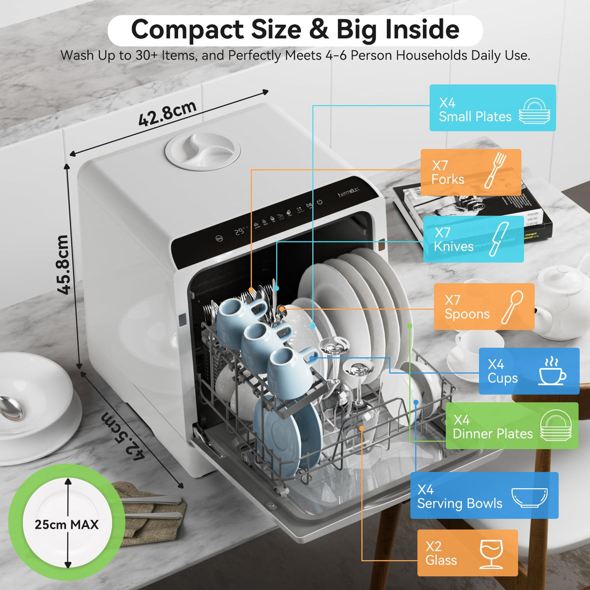 Hermitlux Table Top Dishwasher, Mini Countertop Dishwasher with 4 Place Settings, 5L Built-in Water Tank, 6 Programmes, Touch Control, Baby Care and Fruit Wash, White