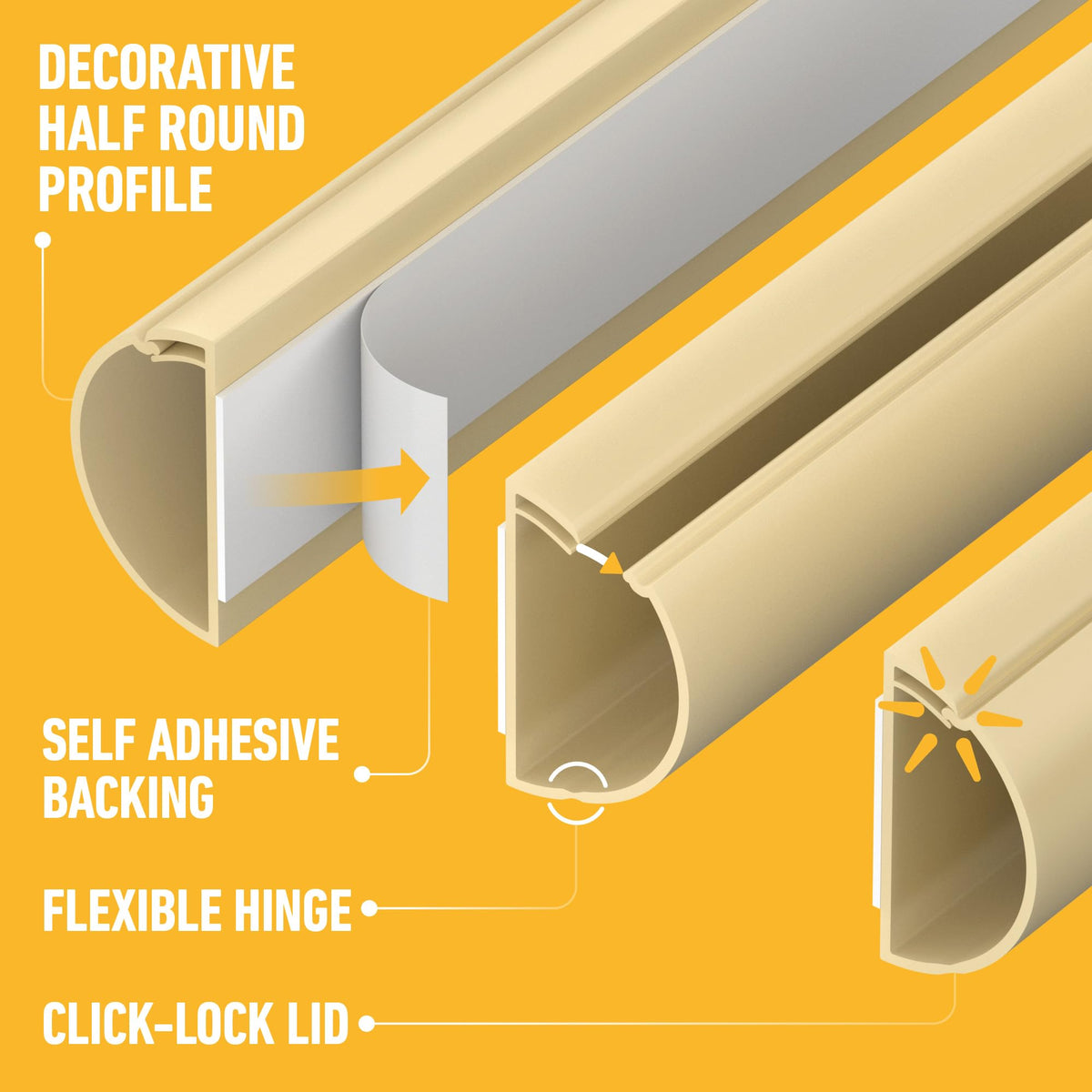 D-Line 30x15mm Cable Trunking 4m Multipack, Half Round Profile, Self-Adhesive Wire Cover, Paintable Cable Management - 10x 30mm (W) x 15mm (H) x 40cm Lengths and Accessories - White