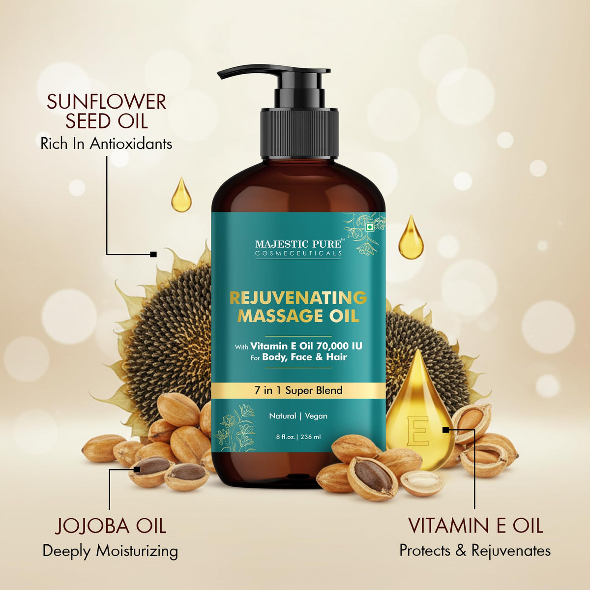 Majestic Pure Vitamin E Oil 100% Pure and Natural Oil - 236 ml
