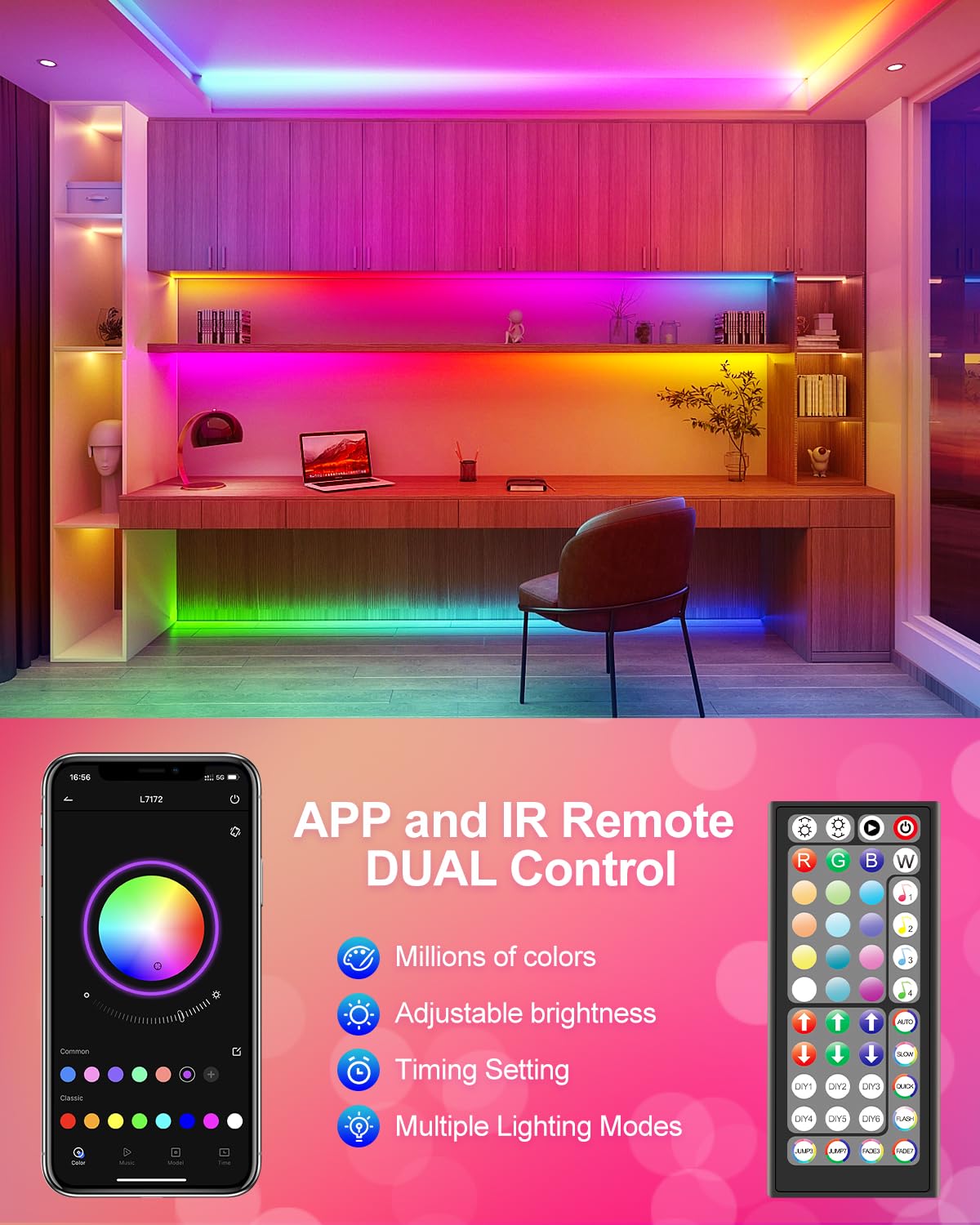 Nexillumi 10M LED Strip Lights, Smart Bluetooth Light Strips with App & Remote, Colour Changing LED Tape Lights, Music Sync Dimmable RGB Lighting for Bedroom, Living Room, Kitchen, Ceiling & Party