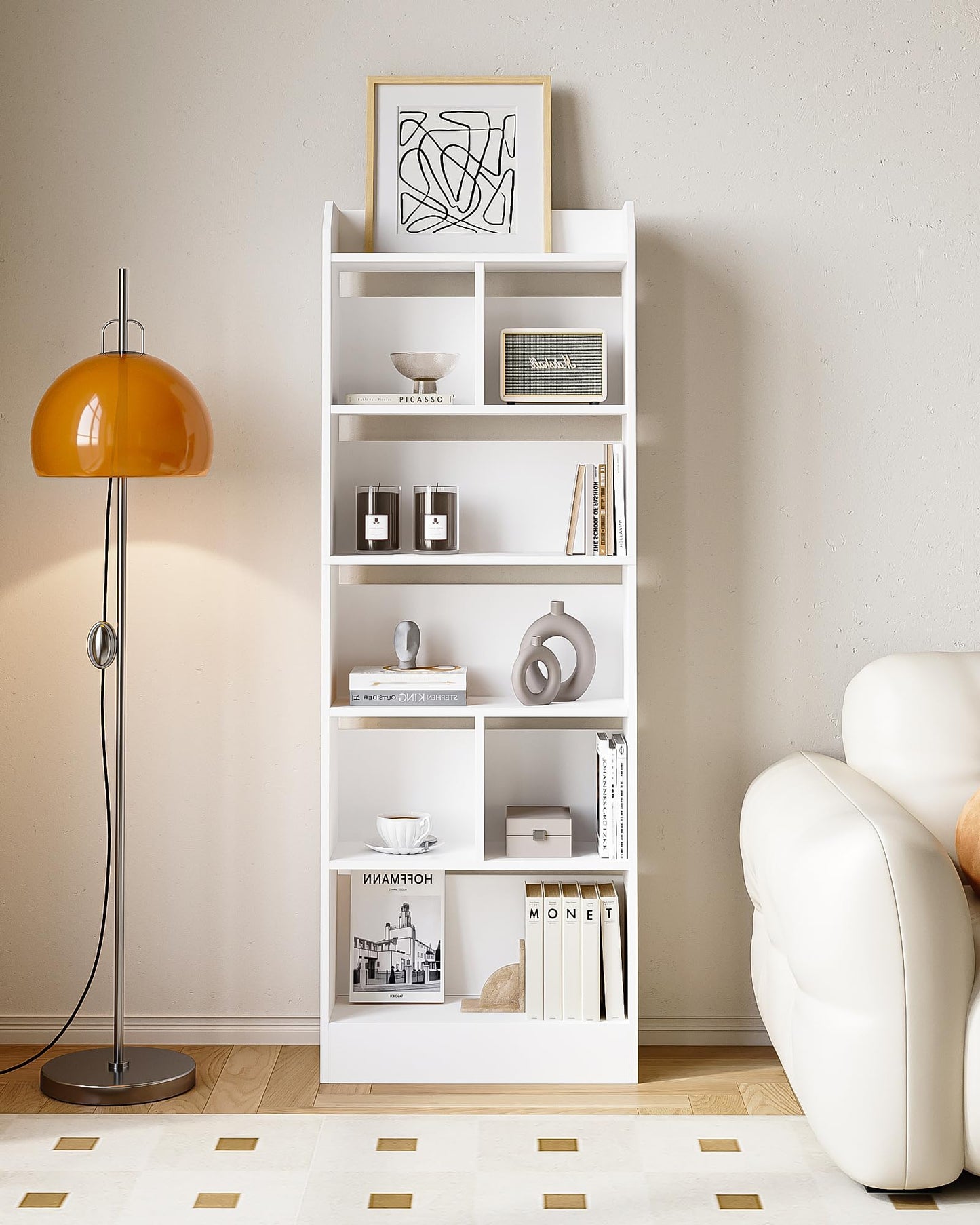 Hzuaneri 6-Tier Bookcase, Bookshelf with 8 Adjustable Storage Shelf Unit, White Bookcase for Living Room, Home Office, Bedroom, Study, 24 x 60 x 199 cm, White, BC11703X