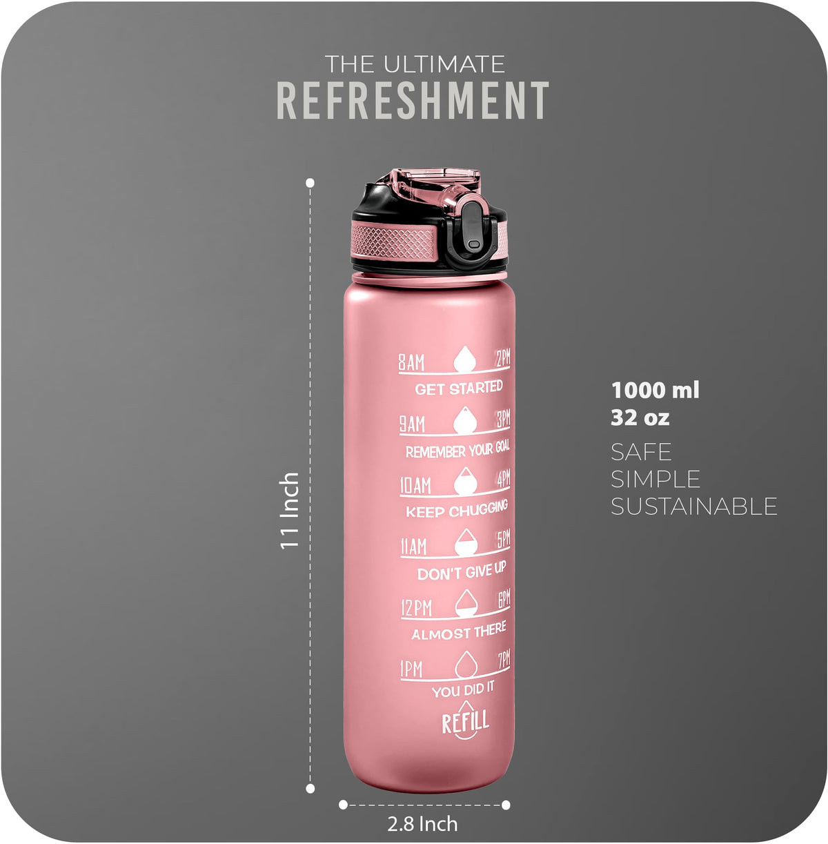 Roe Tenpo Sports Water Bottle with Straw and Time Marking, and 32OZ Capacity - Motivational and Eco-Friendly BPA-Free Bottle for Running, Gym, Yoga, Outdoors, and Camping (Style-1, Black)