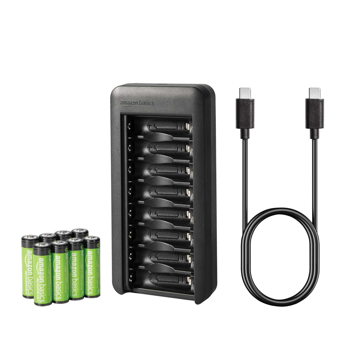Amazon Basics 4 Slot Ni-MH AA & AAA Battery Charger With Indicator LEDs, With USB Port, Black