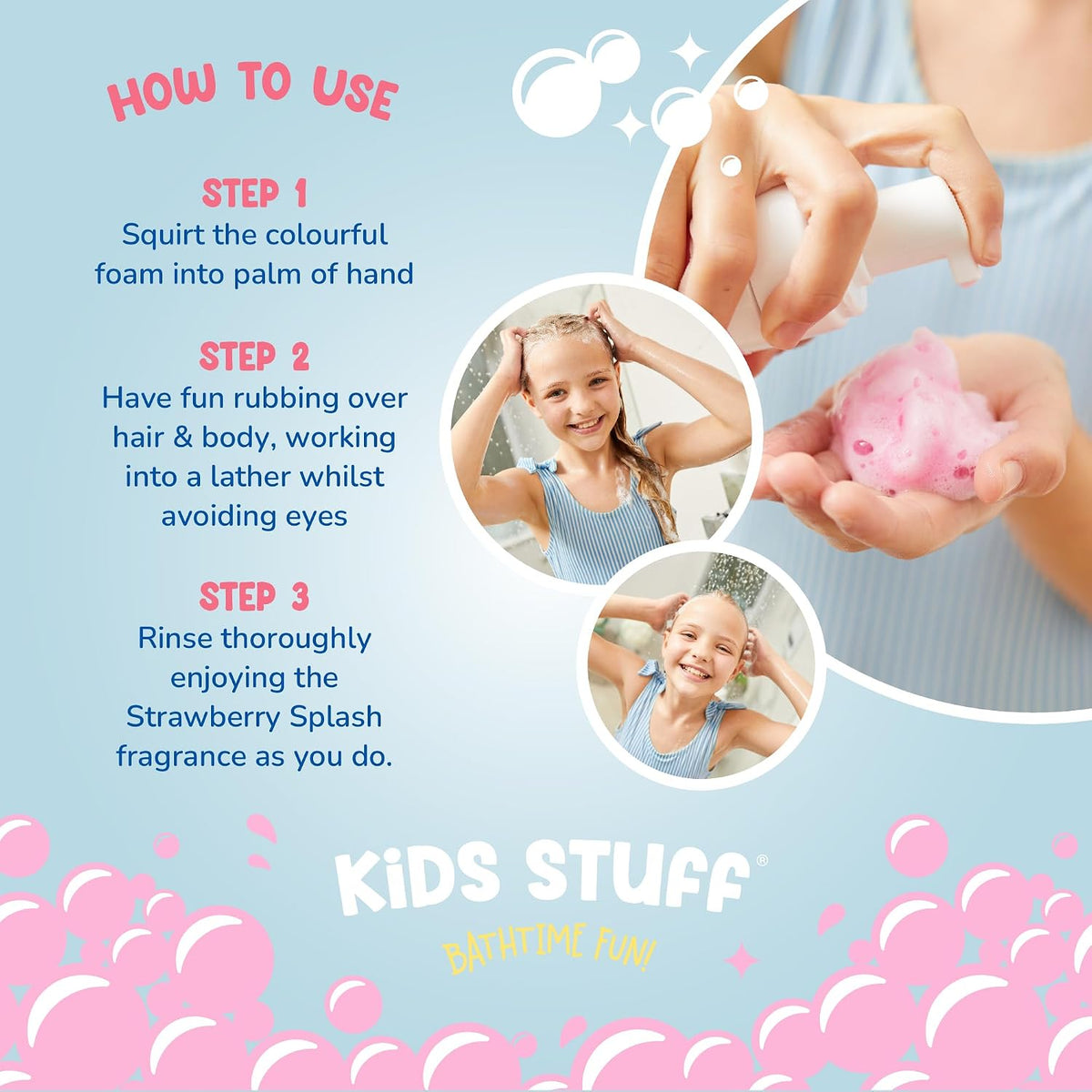 Kids Stuff Pink Wacky Whip Foaming Hair & Body Wash with Strawberry Swirl Fragrance | Dermatologically Tested Kids Hair & Body Wash | Gently Cleanses Hair & Skin | Vegan | Cruelty Free | 200ml