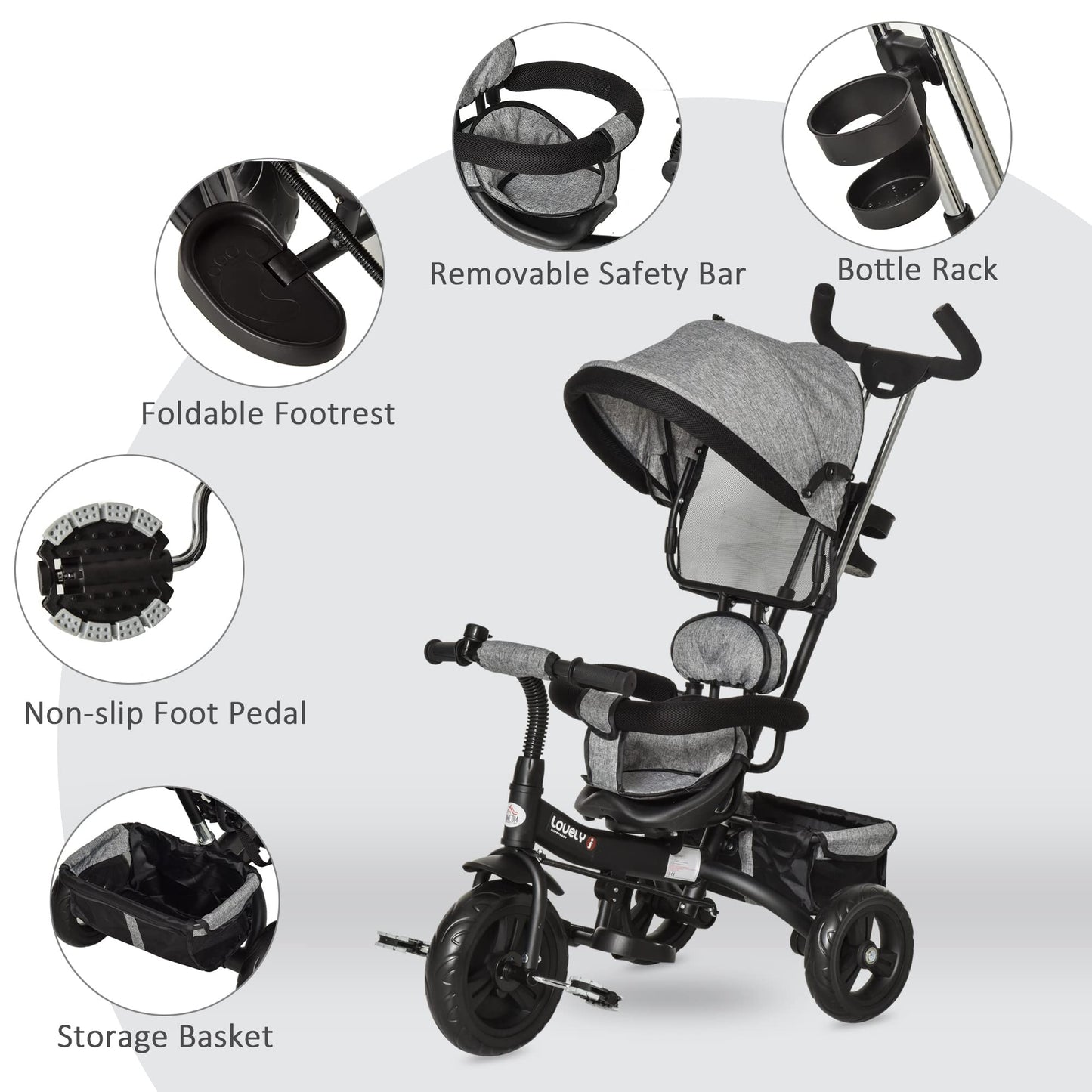 HOMCOM 4 in 1 Tricycle for Kids Toddler Trike with Parent Handle Push Along Pedal Trike Removable Canopy Safety Belt Storage Footrest for 18 Months to 5 Years Grey