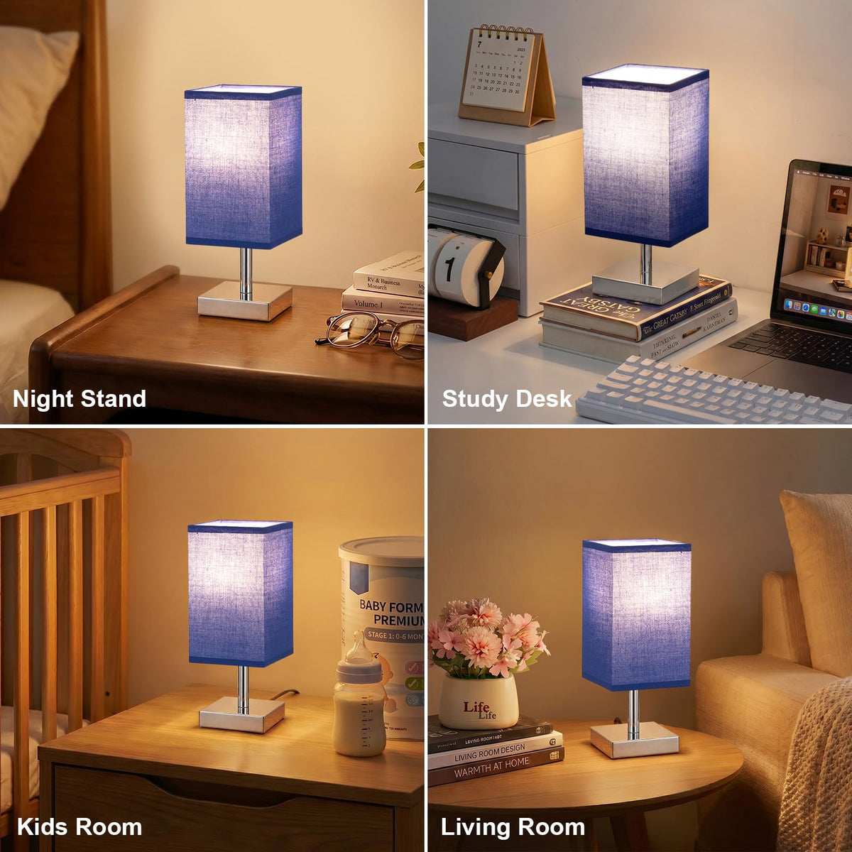White Table Lamp for Bedroom, Small Bed Lamp with for Bedroom, Silver Base(Bulb Included)