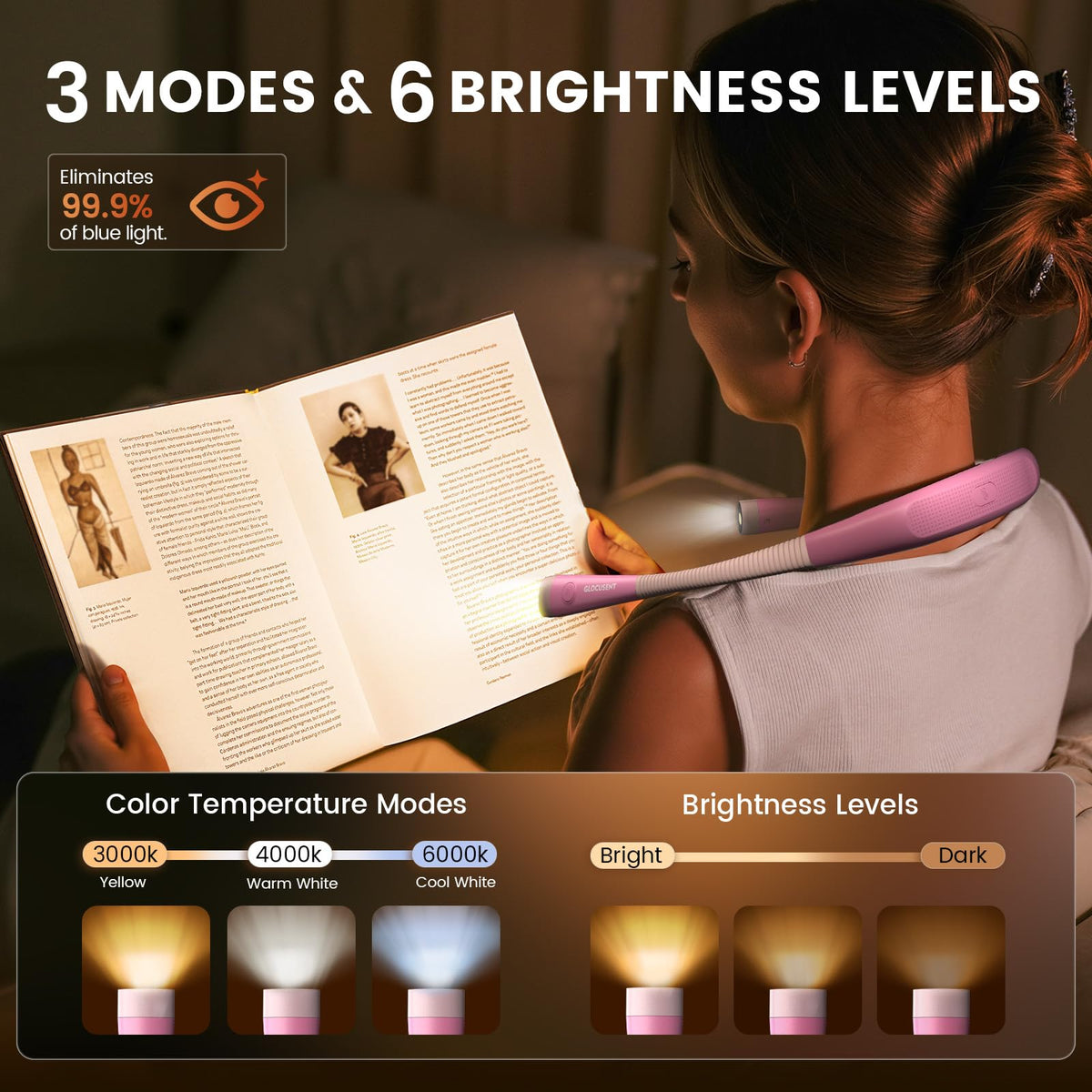 Glocusent Reading Light, Original LED Neck Lights 3 Colors 6 Brightness