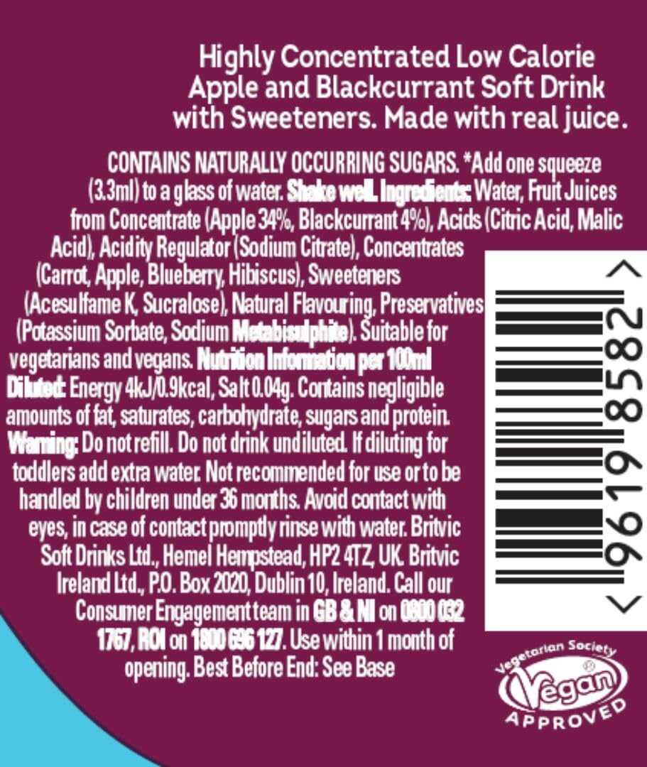 Robinsons Mini, No Added Sugar, Low Calorie, Apple and Blackcurrant, Makes 20 Drinks Per Pack, 66 ml