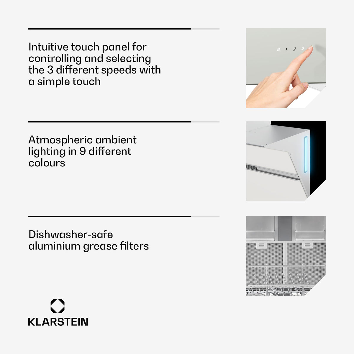 Klarstein Alina 90 Angled Cooker Hood - 615m³/h Air Flow, Touch Panel, LED Backlighting, Quiet 63dB, Energy Class A, 90cm Extractor Hood, Black